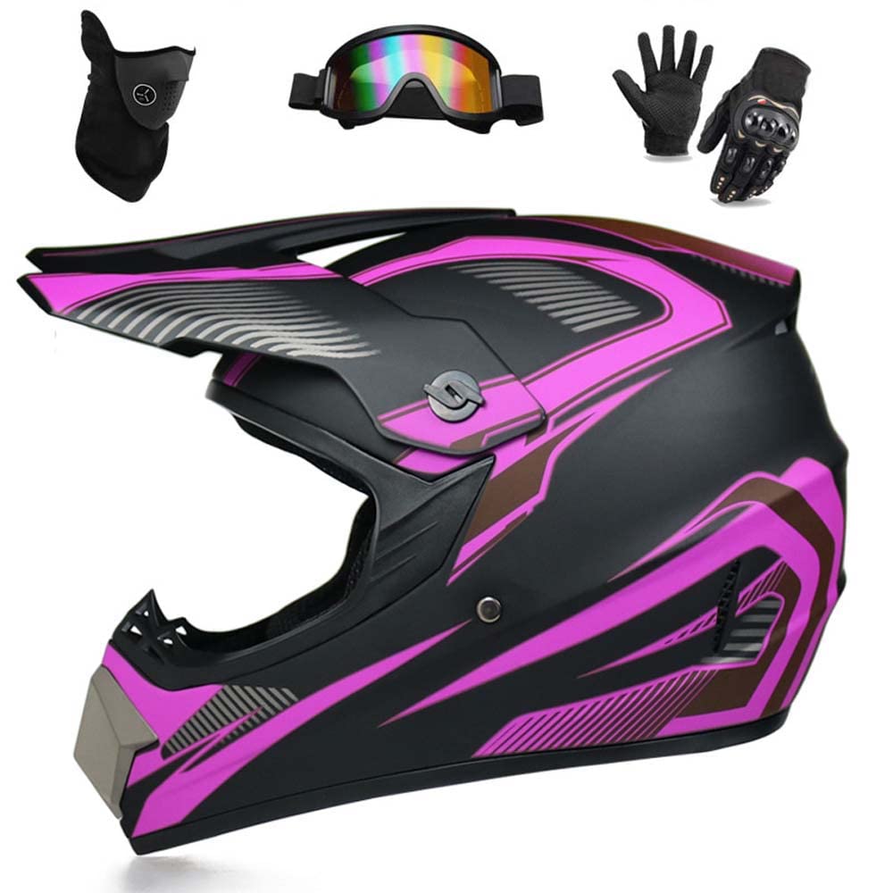 Motocross-Helm, Brille, Handschuhe, Maske 4-teiliges Set, MTB AVT Motorrad-Crosshelm, DOT-geprüft, geeignet für Erwachsene, Kinder, Männer und Frauen (Lila Spur,L) von WEITY