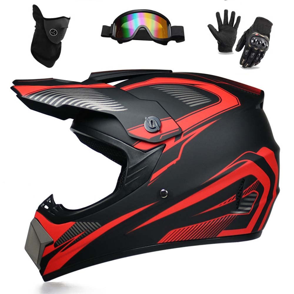 WEITY Motocross-Helm, Brille, Handschuhe, Maske 4-teiliges Set, MTB AVT Motorrad-Crosshelm, DOT-geprüft, geeignet für Erwachsene, Kinder, Männer und Frauen (roter Sporn,L) von WEITY