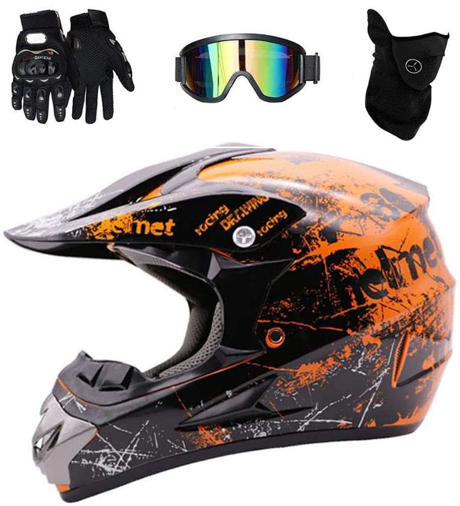 WEITY Motocross Helm, Vollvisierhelm Quad Absturz ECE Downhill Dirt Bike MX ATV Erwachsener Motorradhelm Handschuhe, Schutzbrille, Maske 4-teiliges Set, orange (L) von WEITY