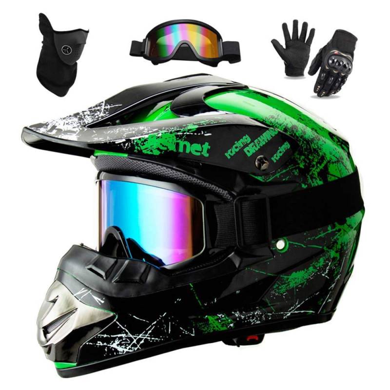 WEITY Motocross Helm Set mit Brille Handschuhe Gesichtsmaske, für Kinder und Erwachsene, Full Face AVT MX Motorradhelm für Downhill Offroad Enduro Scooter Sport tification (Grün,M) von WEITY