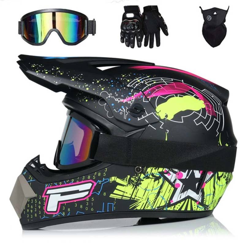 WEITY Off-Road Motorradhelm, Jugend und Kinder Full-Face Cross Country Motorradhelm, MX ATV Roller Helm ECE Zertifizierung,Handschuhe, Schutzbrille, Gesichtsmaske 4-Sätze (S) von WEITY