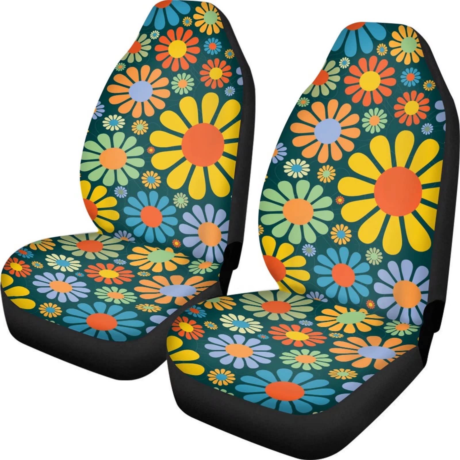 WELLFLYHOM Hippie Sitzbezüge für Autos für Damen, Boho-Autozubehör, bunte Blumenmuster, Vordersitzbezüge, 2 Stück, Fahrzeugschalensitzschutz, universell passend für die meisten LKWs, SUVs, Lieferwagen von WELLFLYHOM