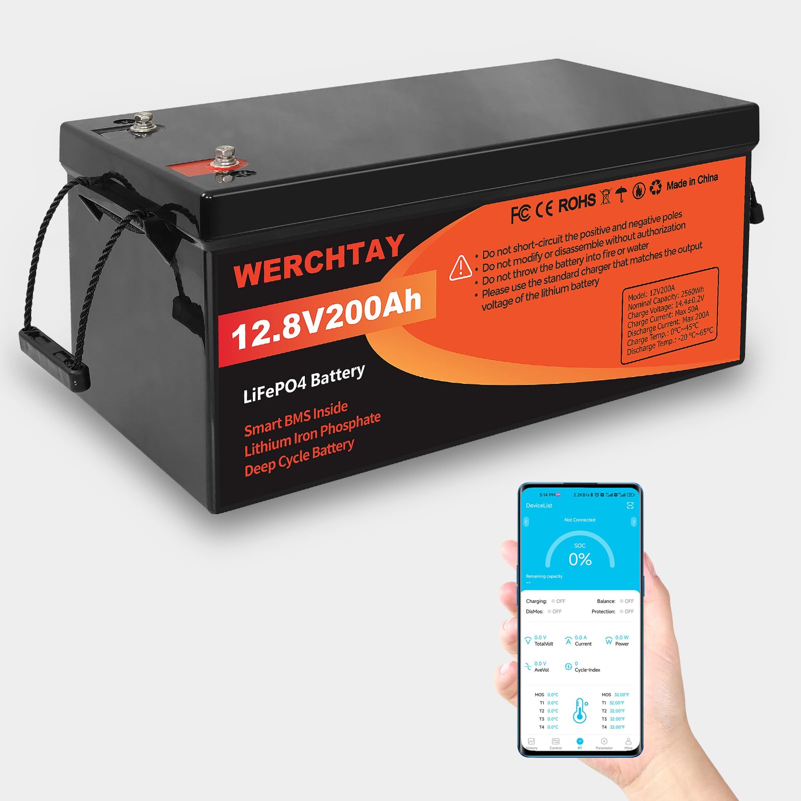 12V 200Ah LiFePO4 Batterie mit Bluetooth & Smart BMS 4000–15000 Zyklen Deep Cycle-Batterie mit Niedertemperaturschutz Wohnmobile, Solaranlagen Schiffe netzunabhängige Anwendungen Batterie von WERCHTAY