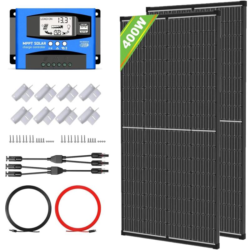 400W Solarpanel Kit, Monokristallines Solarmodul Off-Grid Kit mit 2 * 200W Solarmodulen + 100A MPPT 12V/24V Laderegler +Z-Befestigungsklammern+ 6m ft Solar Cable (400W Kit) von WERCHTAY