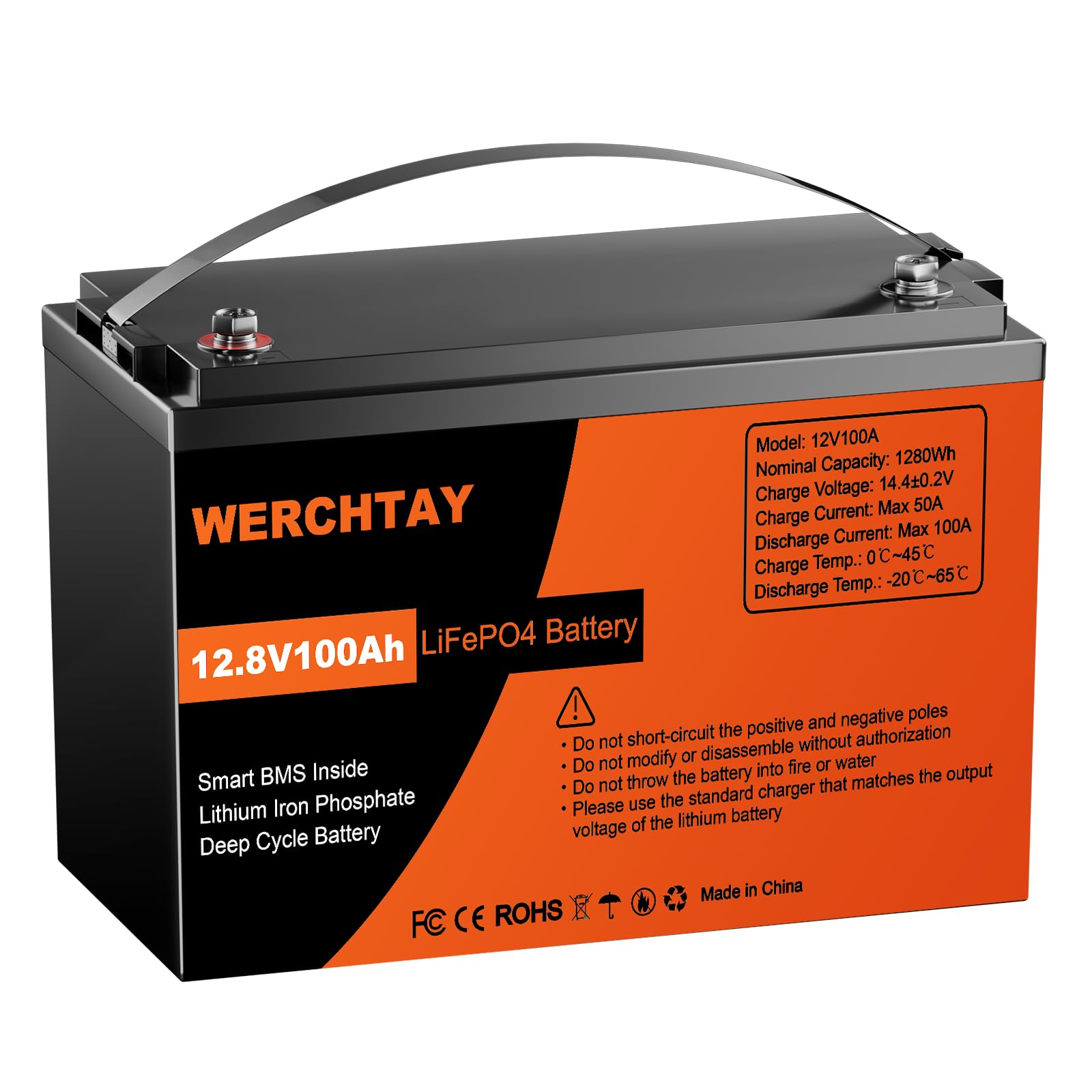 WERCHTAY LiFePO4 12V 100Ah Lithium Batterie 12V 100ah mit Smart BMS Low Temperature Schutz und Max15000 Zyklens,2560Wh Autobatterie für Wohnmobil,Boot,Camping,Solarpanel (12.8V 100AH) von WERCHTAY