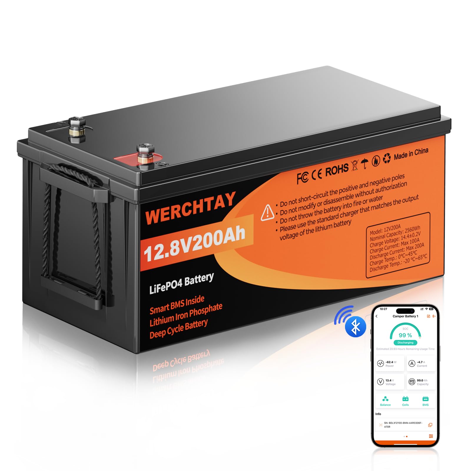 WERCHTAY LiFePO4 200Ah Bluetooth,Lithium batterie 12V 200ah mit Smart BMS Low Temperature Schutz und Max15000 Zyklens,2560Wh Autobatterie für Wohnmobil,Boot,camping,Solarpanel (12.8V 200AH BT) von WERCHTAY