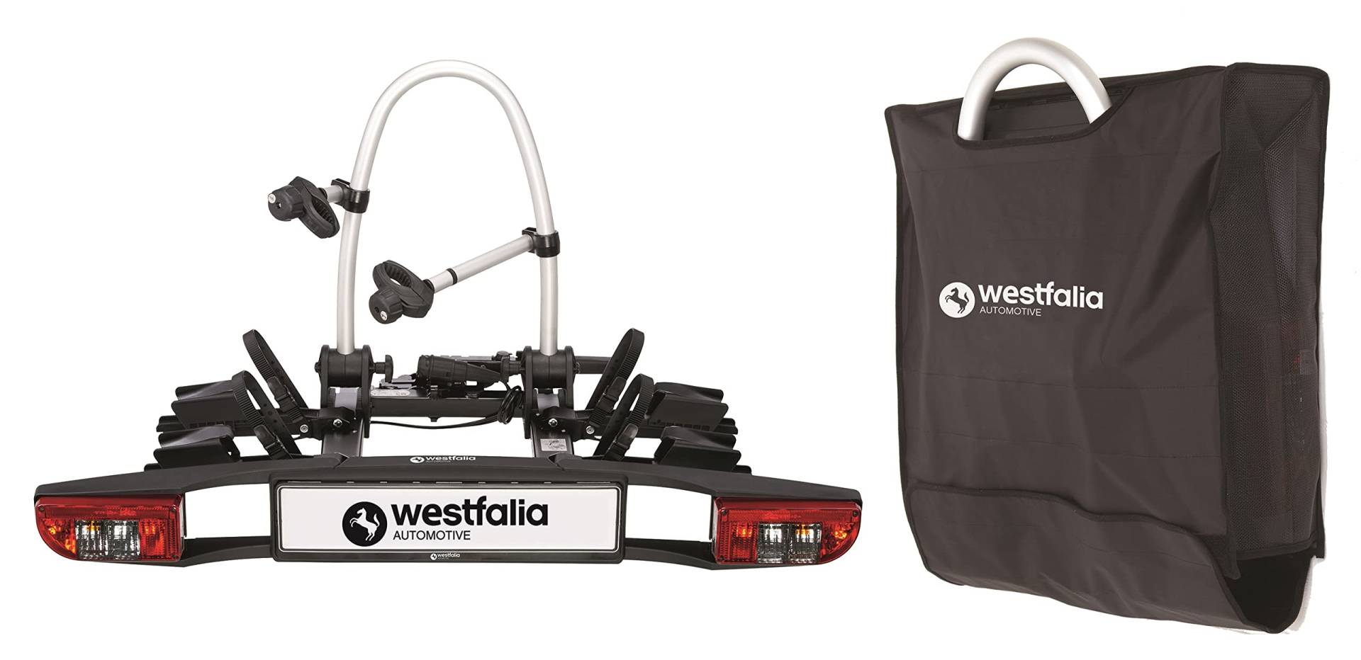 Westfalia BC 60 Fahrradträger für die Anhängerkupplung - inkl. Tasche | Kupplungsträger für 2 Fahrräder | E-Bike geeignet | zusammenklappbar, Schwarz, silber von Westfalia Automotive