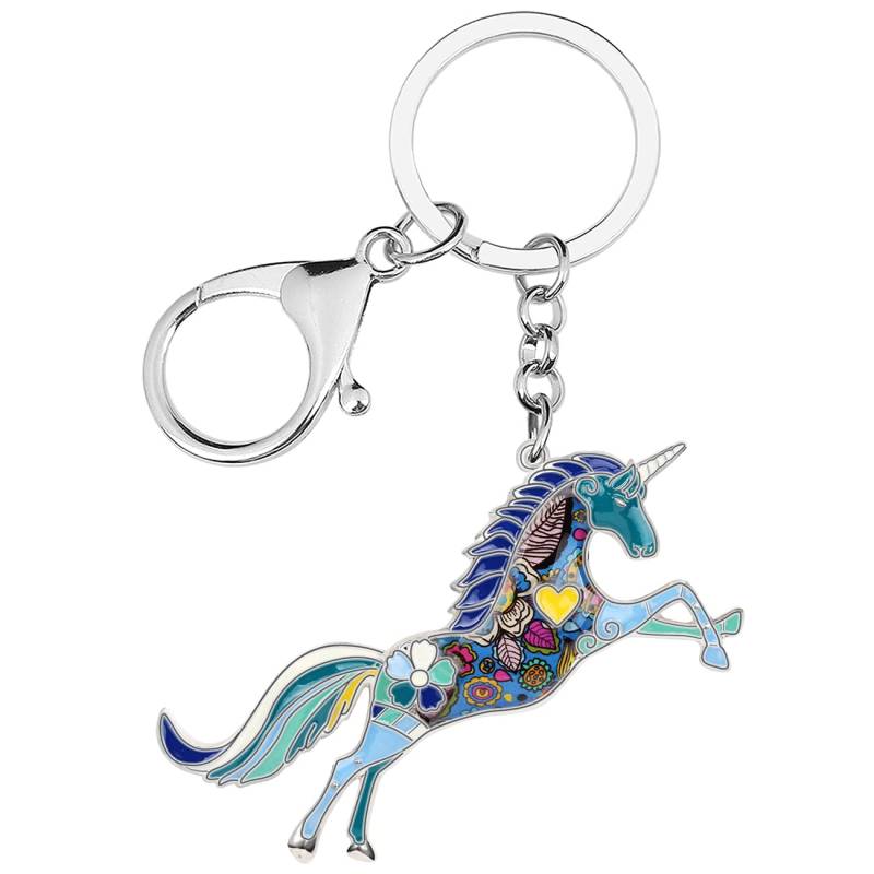 WEVENI Legierung Laufendes Pferd Schlüsselanhänger Zubehör Emaille Uncorn Schmuck Für Frauen Mädchen Auto Brieftasche Charms, Blau, Einhorn, 29mm x 49 mm von WEVENI