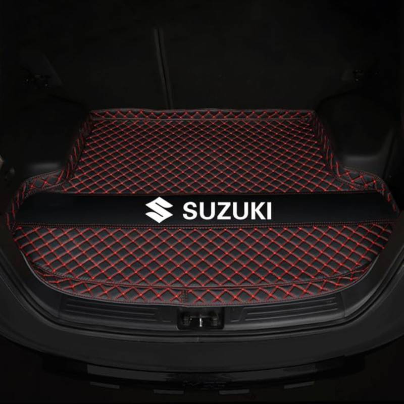 Auto Leder Kofferraummatte für Suzuki Vitara 2016-2017 | Maßgeschneiderte Kofferraumwanne mit Erhöhten Kanten | Allwetter Kofferraum Schutzmatte Laderaumwanne, Black Red von WHDPPP