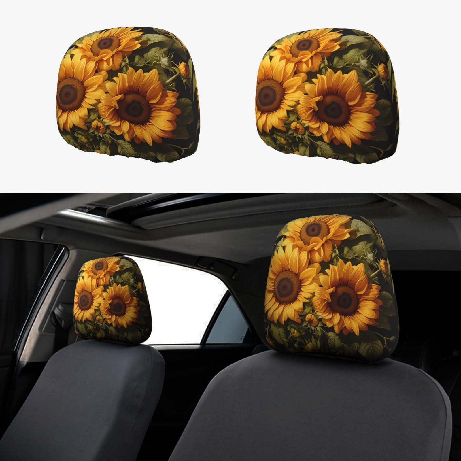 WHJWXC Auto-Kopfstützenbezug mit gelbem Sonnenblumen-Druck, 2-teiliges Set, Innenzubehör, Dekoration, passend für Autos, Lieferwagen, LKWs, Sitzzubehör von WHJWXC