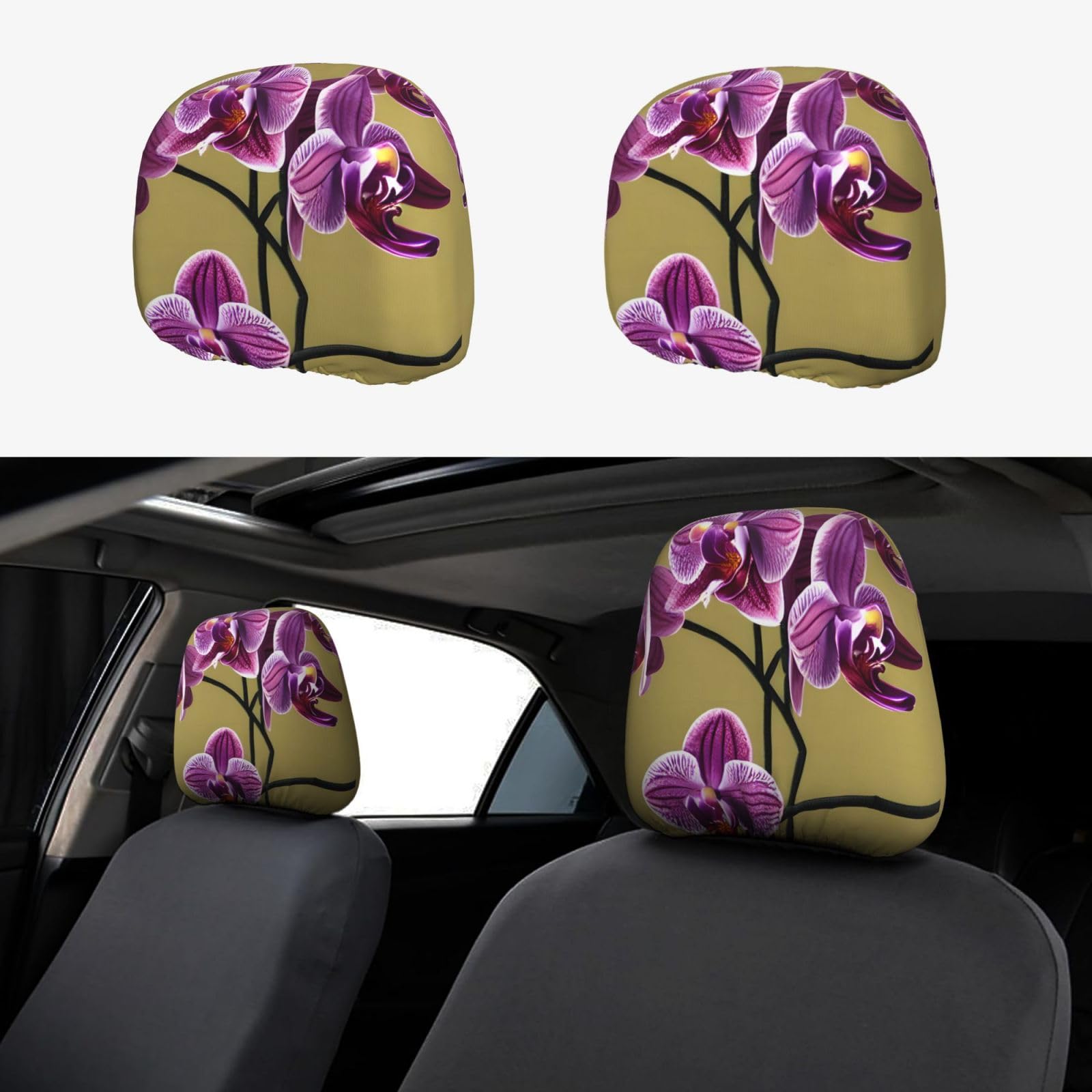 WHJWXC Auto-Kopfstützenbezug mit schönem Orchideen-Druck, 2-teiliges Set, Innenzubehör, Dekoration, passend für Autos, Lieferwagen, LKWs, Sitzzubehör von WHJWXC