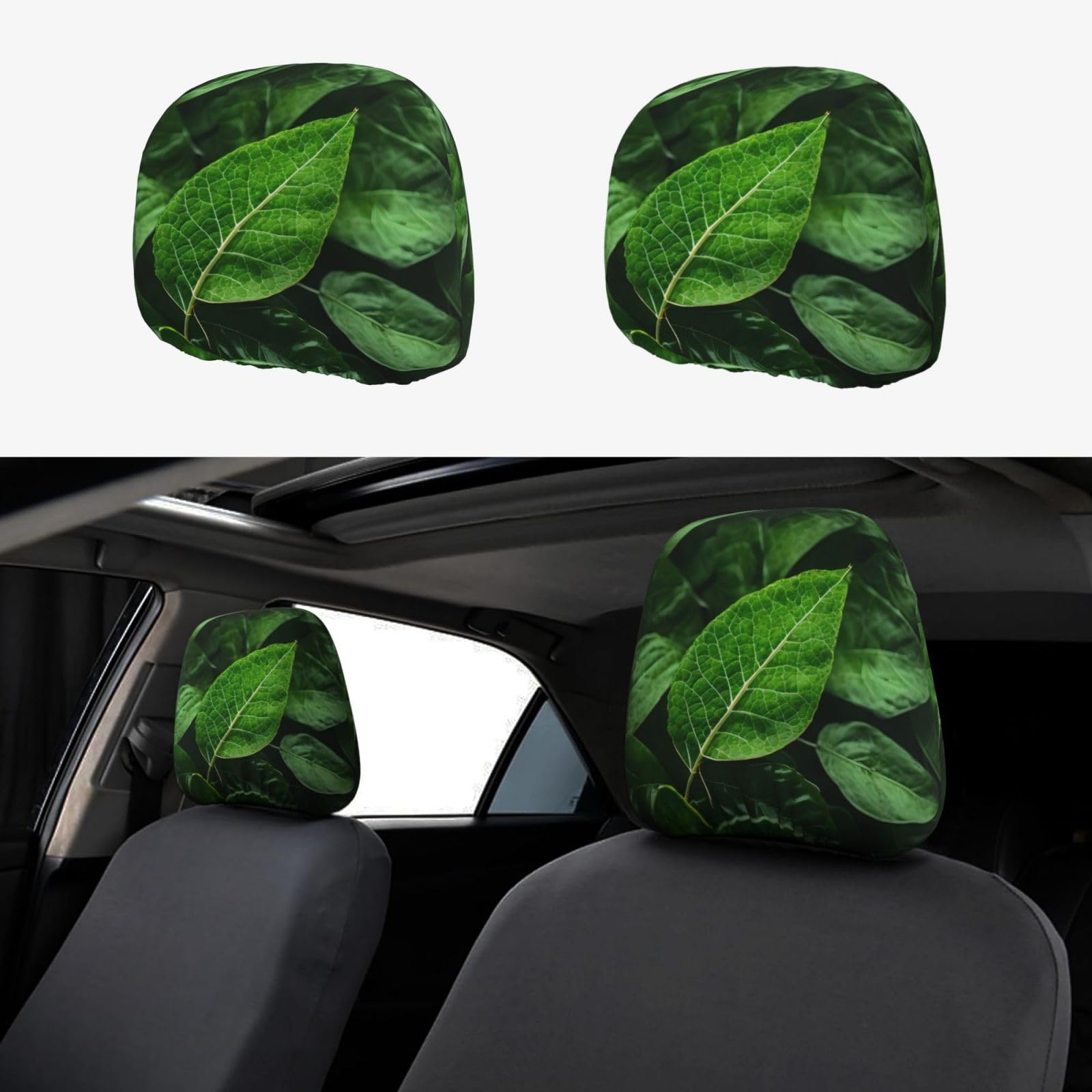 WHJWXC Green Leaf Kopfstützenbezug mit Naturdruck, 2-teiliges Set, Innenzubehör, Dekoration, passend für Autos, Lieferwagen, LKWs, Sitzzubehör von WHJWXC