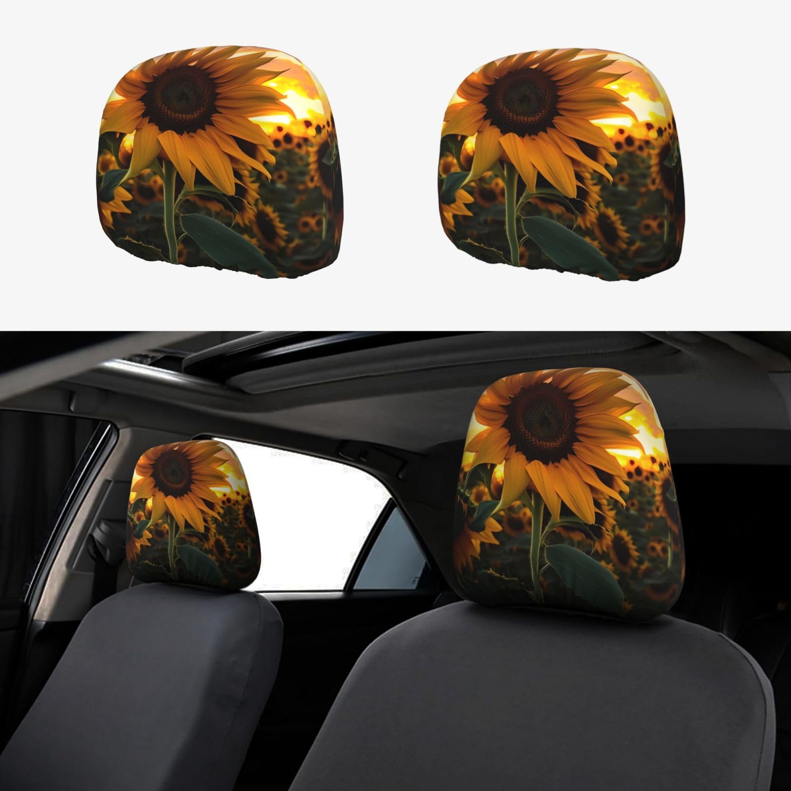 WHJWXC Kopfstützenbezug mit Sonnenblumen-Motiv, 2-teiliges Set, Innenzubehör, Dekoration, passend für Autos, Lieferwagen, LKWs, Sitzzubehör von WHJWXC