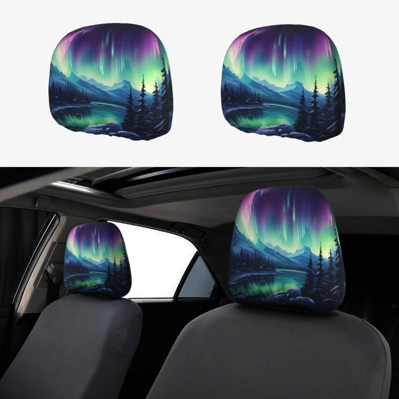 WHJWXC Northern Lights Painting Printing Car Headrest Cover 2 Pcs Set Interior Accessories Decoration Fit Cars Vans Trucks Seat Accessories von WHJWXC