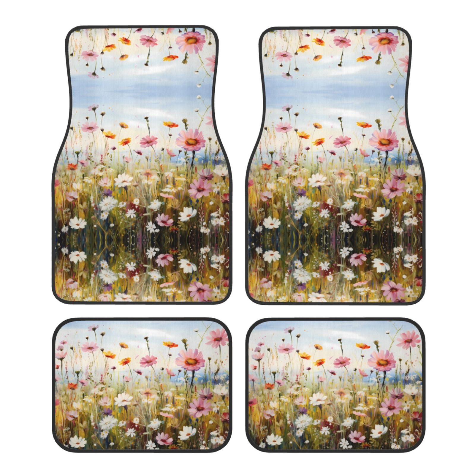 Wild Blooming Meadow Flowers Autoteppiche 4-teiliges Set, Universal Vorne und Hinten Fußmatten, Innendekoration Zubehör, Auto Antirutschmatten von WHJYCC