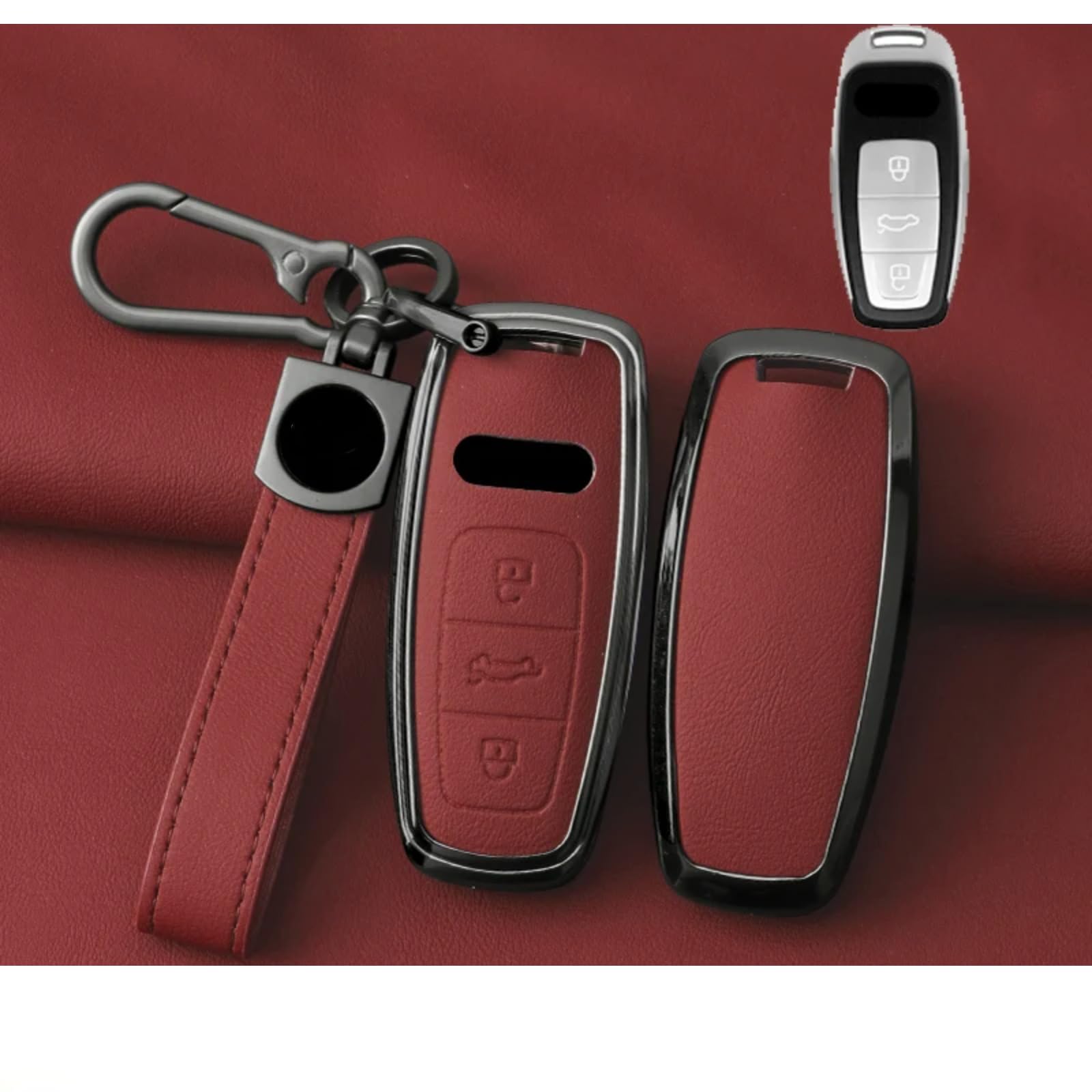 Autoschlüsseletui aus Metall für Audi A6 A7 A8 E-tron Q5 Q7 Q8 C8 D5, Fernbedienungsgehäuse mit Schlüsselanhänger, schlüsselloses Innenzubehör (rote Kette) von WHUAFA