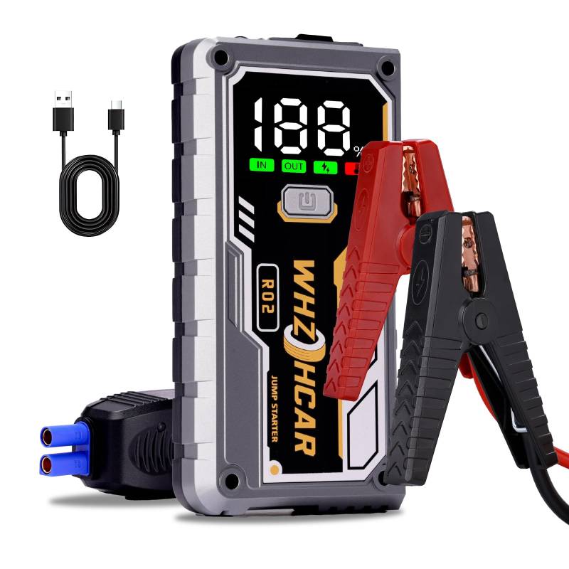 Kfz-Starthilfe, 5000 A, tragbar, 12 V, bis zu 8,0 l Diesel oder 10,0 l Benzin, Starthilfe mit Schnellladung, extra großes LCD-Display, LED-Taschenlampe von WHZOHCAR