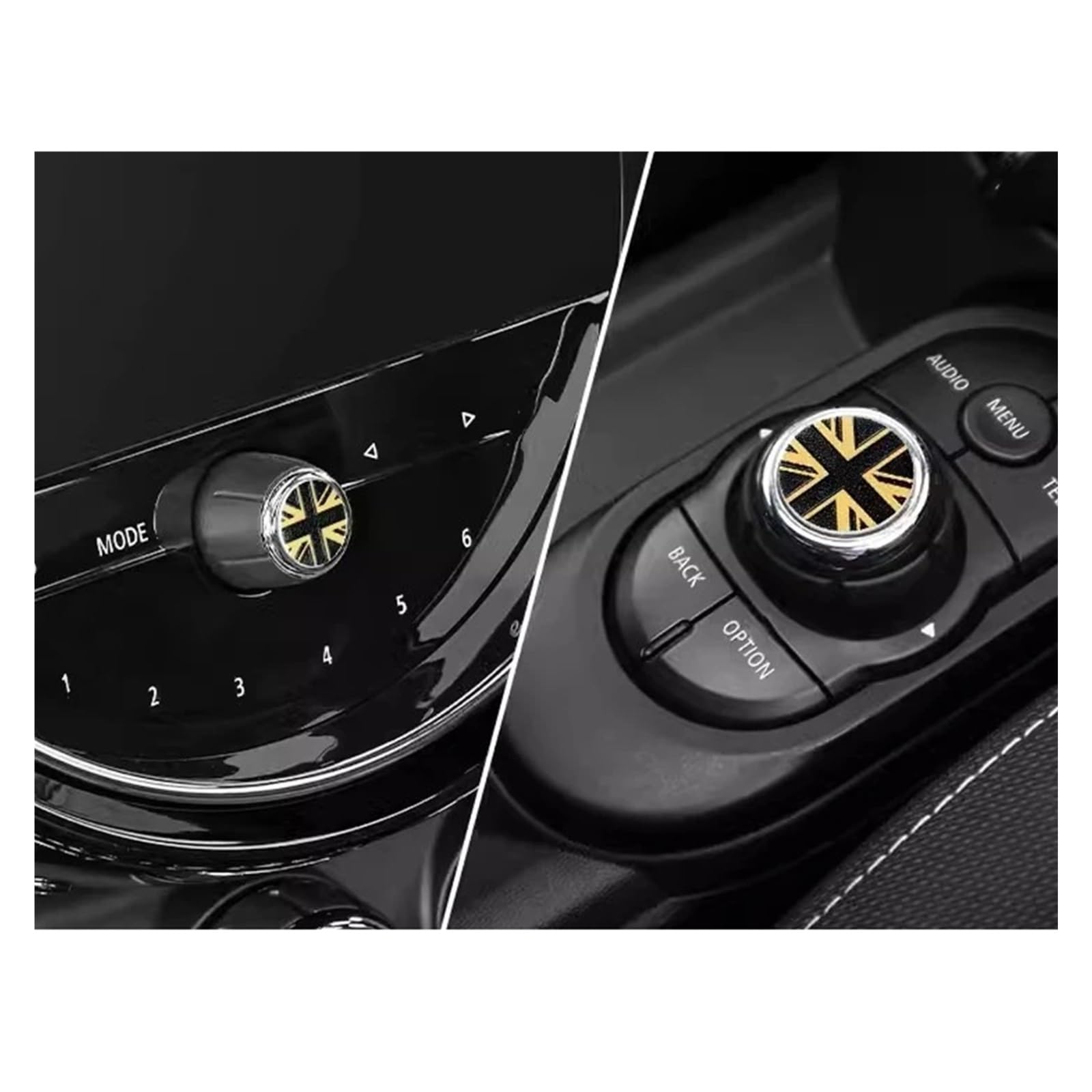 Für Mini Für Cooper Für JCW F55 F54 Für Countryman Für Clubman 2 Stücke Auto Zentrale Steuerung Multimedia Taste Abdeckung Lautstärkeregler Aufkleber Innenraum Trim Aufkleber(Gold Jack) von WIBNBRO