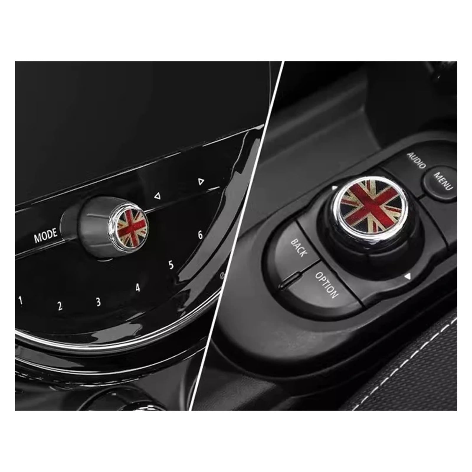 Für Mini Für Cooper Für JCW F55 F54 Für Countryman Für Clubman 2 Stücke Auto Zentrale Steuerung Multimedia Taste Abdeckung Lautstärkeregler Aufkleber Innenraum Trim Aufkleber(Retro Red Jack) von WIBNBRO