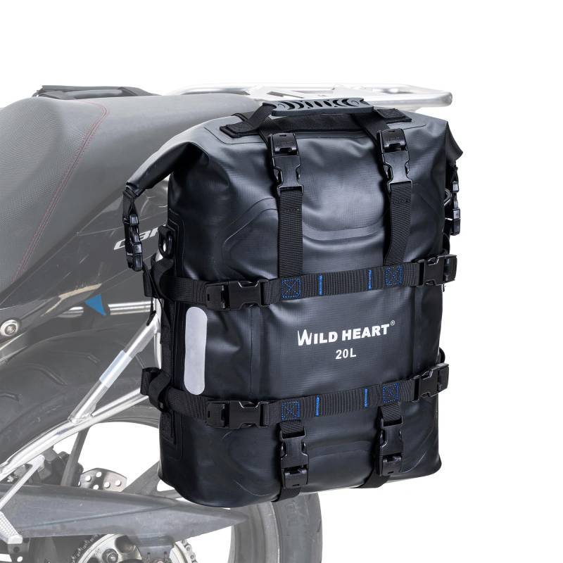 WILD HEART Motorrad Seitentasche Edelstahl Federung wasserdichte Tasche 20L/25L wasserdicht Pianner verschleißfest Allzweck-Bike-Zubehör (Schwarz, 20L,One PCS) von WILD HEART