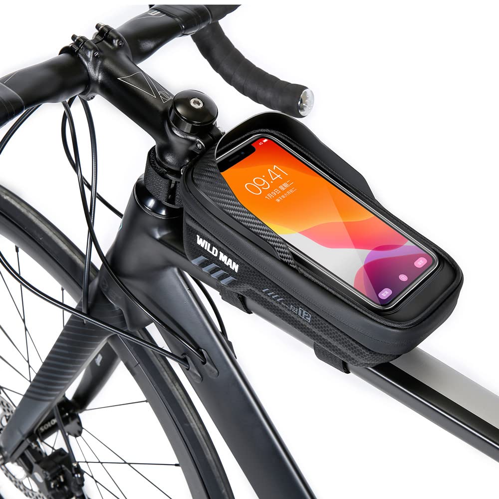 WILD MAN Fahrradtasche Fahrrad Handytasche wasserdichte Fahrradtasche Fahrradrahmentasche Mountainbike Zubehör für Erwachsene Fahrräder mit TPU Touchscreen und Sonnenblende von WILD MAN