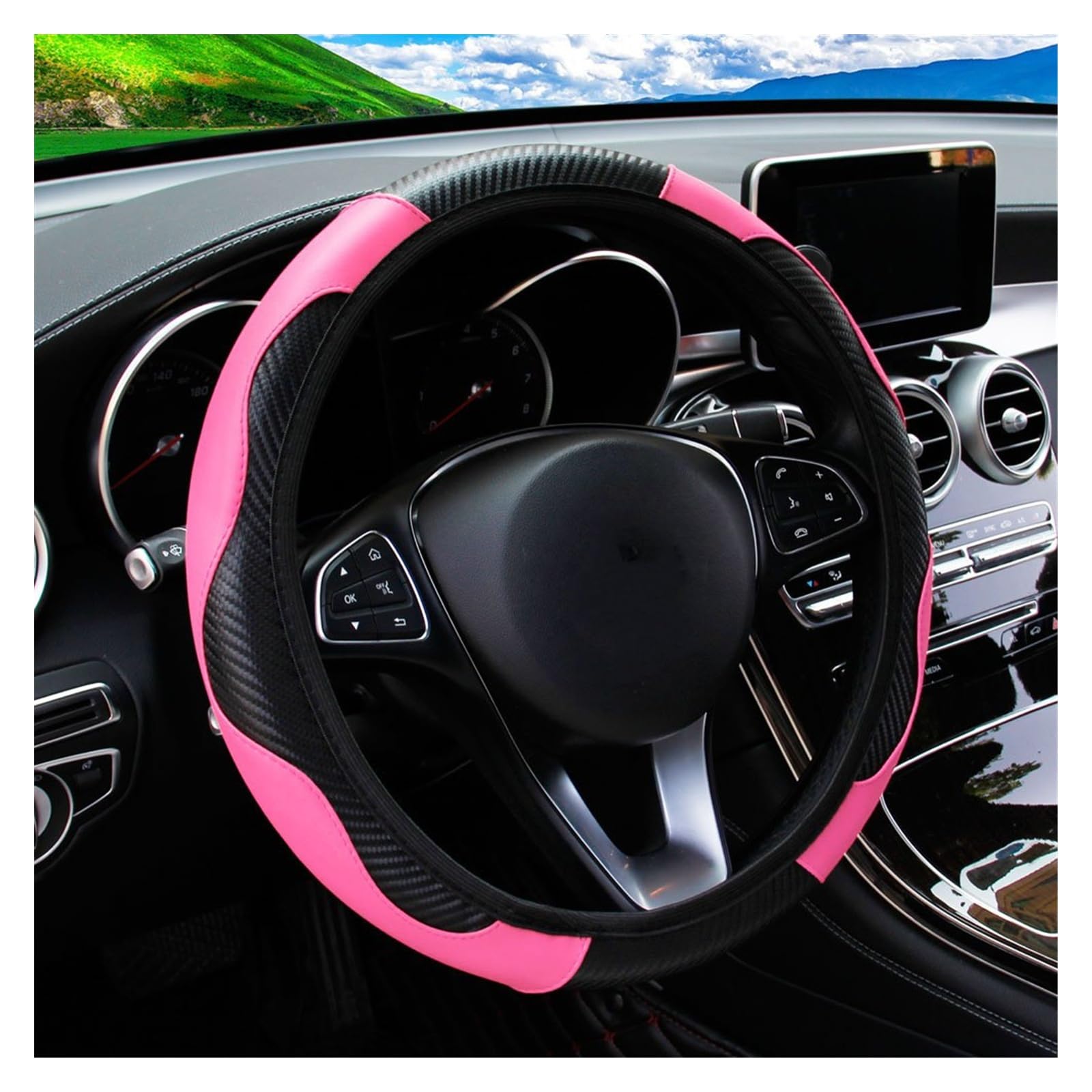 Lenkradbezug Carbon Fiber PU Leder Auto Ohne Innenring Lenkradbezug Autozubehör Geeignet Für 14,5-15 Zoll Lenkradhüllen(Pink) von WINVOX