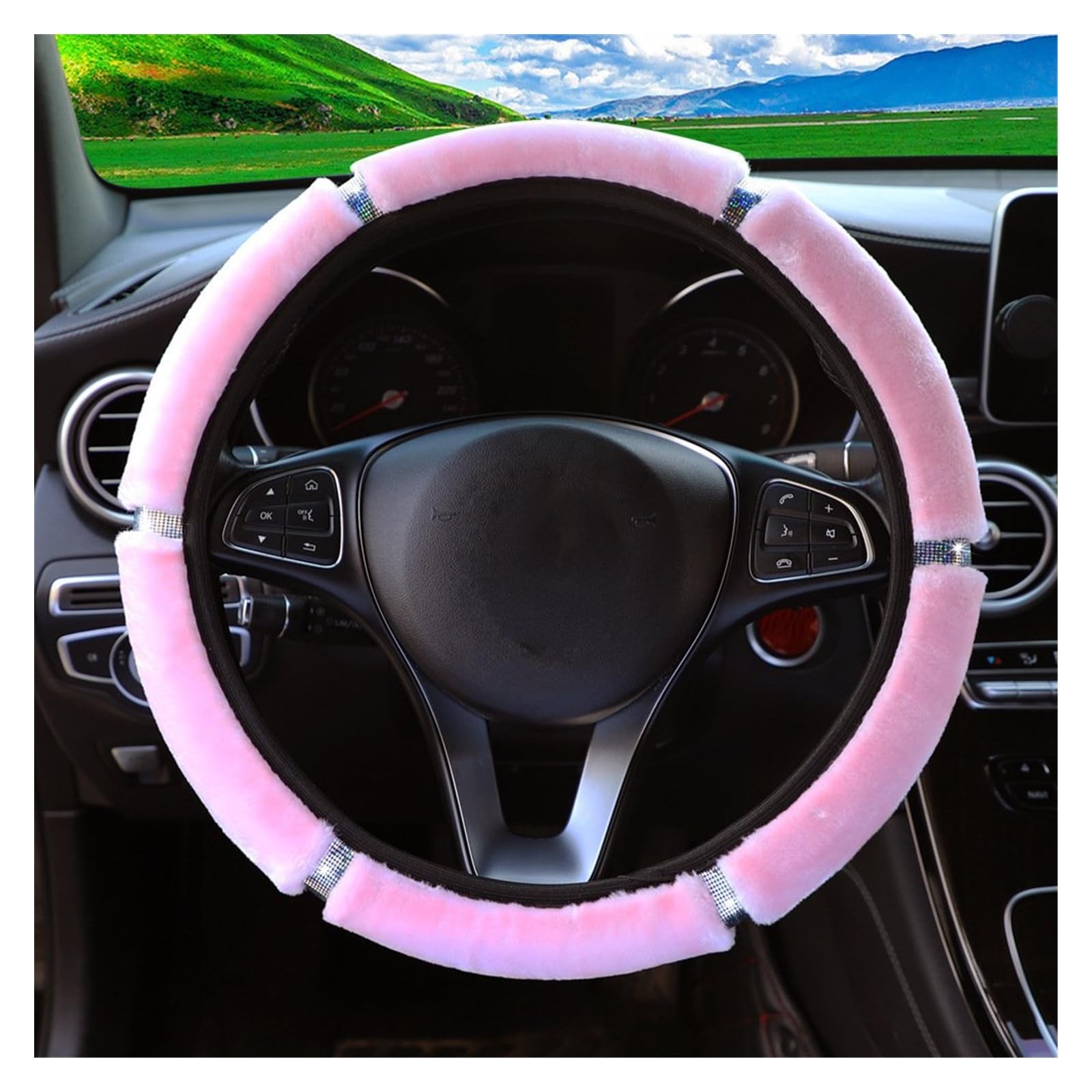 Lenkradbezug Weicher Plüsch-Autolenkradbezug Mit Strasssteinen, Winter-Innenausstattung, 37-38 cm, Lenkradbezug, Auto-Styling Für Damen Lenkradhüllen(Light Pink) von WINVOX