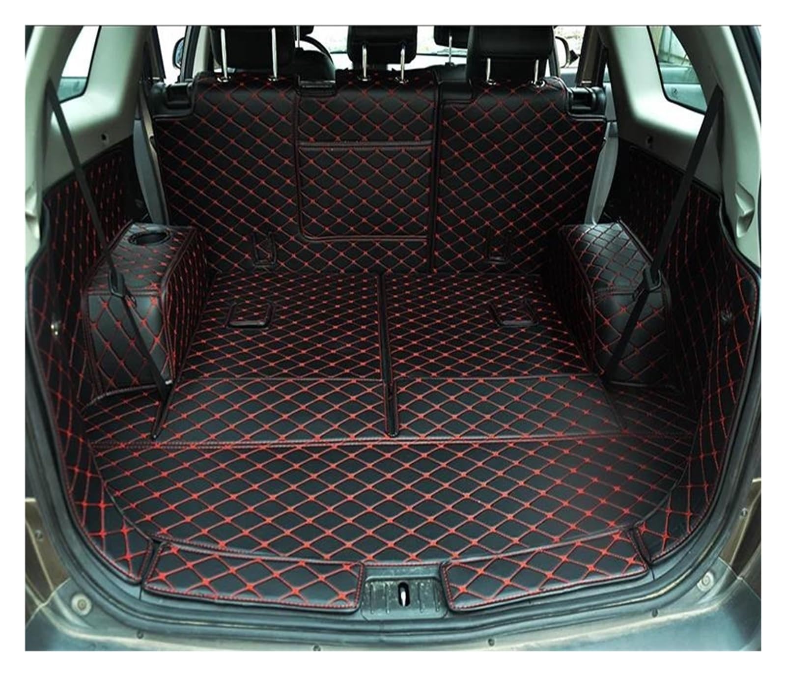 Kofferraummatte Für Chevy Für Captiva 7 Sitze Custom Car Kofferraummatten Leder Cargo Liner Teppiche Innendekoration Zubehör Auto Kofferraummatte(Schwarz Rot,14-19) von WIRMEC