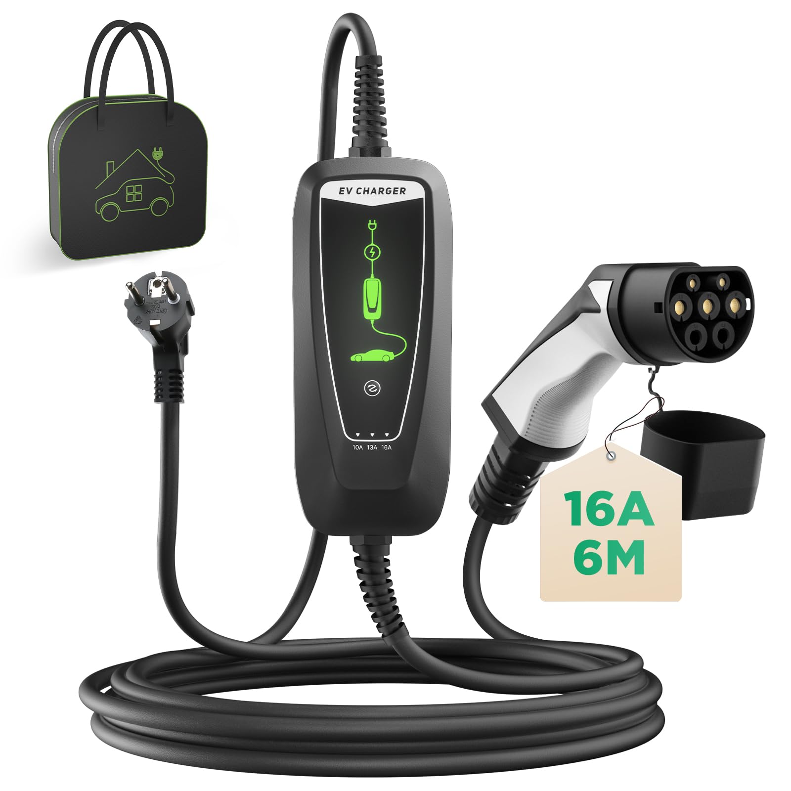 WISSENERGY Typ 2 EV Ladekabel Schuko 2-Pin, 3,68KW Einphasig [10-16A] EV Ladegerät mit 6M Ladekabel, IP66 Wasserdicht Mobile Ladestation mit Tragetasche für PHEV EV von WISSENERGY