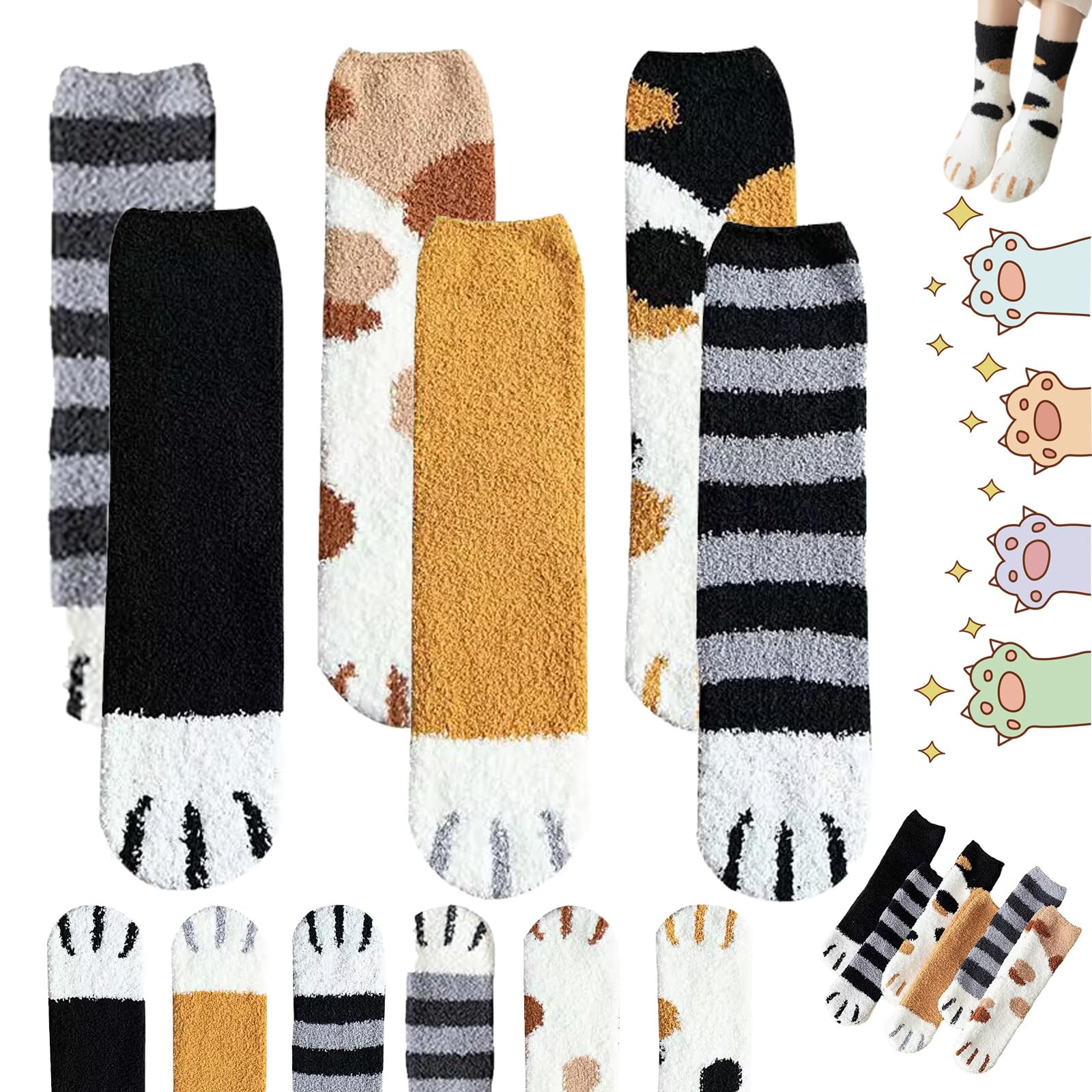 Admissioni Katzenkrallensocken, Flauschige Katzensocken für Damen, Katzenkrallen-Crew-Socken, Flauschige Hausschuhsocken, gemütliche Fleece-Hausschuhsocken, Winter-Katzenkrallen-Socken (6 Parr) von WLWWCX