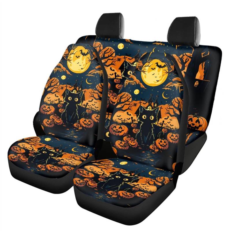 WNDUOKXH Autositzbezüge mit Halloween Motiv, schwarze Katze, Kürbis, Autositzbezug, Sitzschutz, Sitzbezüge Set, einfach zu installieren, atmungsaktiv, Katze ohne Hut von WNDUOKXH