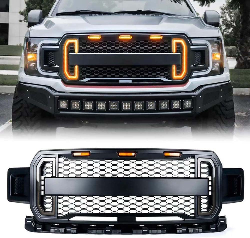 Auto Frontgrill Kühlergrill für Ford F150 F-150 2018-2019 Raptor Style With Amber LED Lights,ABS Frontstoßstange Wetterfester Lufteinlass Grillschutz Ersatz Zubehör Karosserietuning von WNFVYP