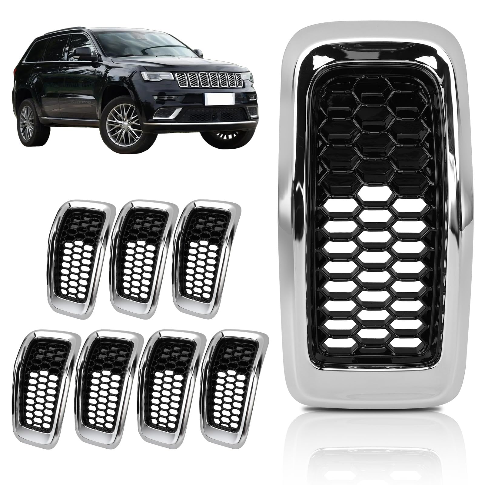 WODHMIEY Cherokee Front Grille Cover, ABS, 7Pcs, Cherokee 2014-2018, Front Bumper Hood Grille Vent Insert Cover, 68303626AA, 68303626AB, 68303626AC, for vehicle protection against offroad elements von WODHMIEY