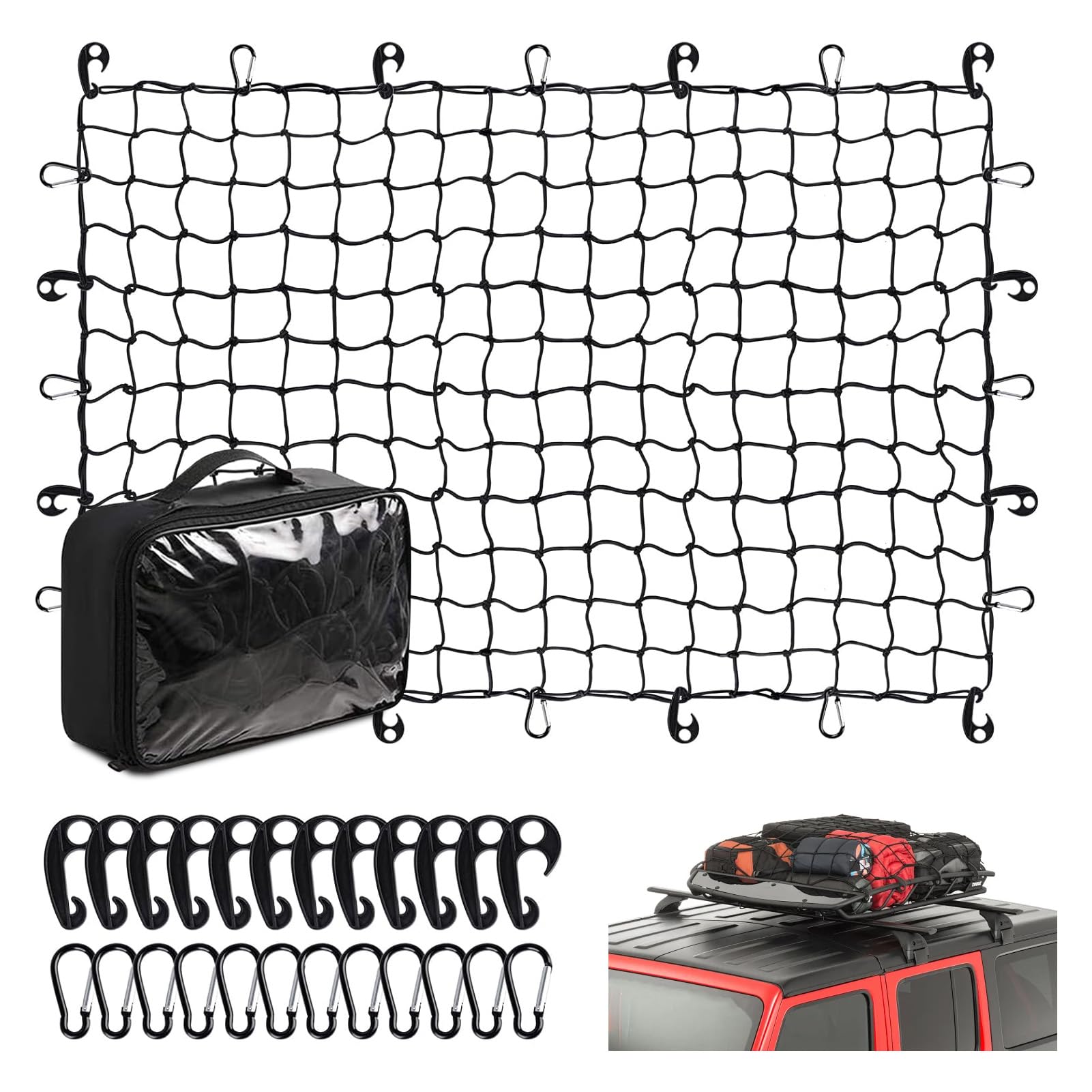 WODHMIEY Gepäcknetz, Hochwertiges Latex-Gepäcknetz, 180x120cm/6x4 ft, Dehnbar Bis 540x360cm/18x12 ft, Mit 12 Aluminium-Karabiner und 12 Haken, Geeignet Für SUVs, ATVs, UTVs, LKWs, Anhänger und Pickups von WODHMIEY