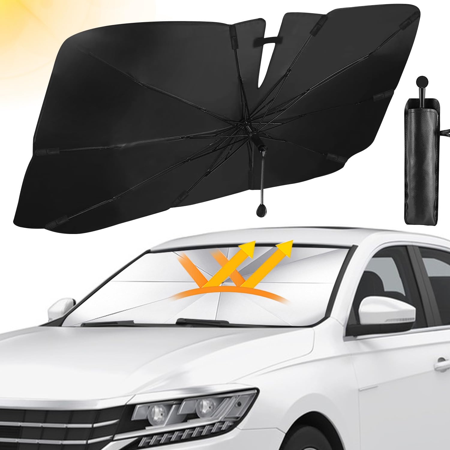 Auto Sonnenschutz Frontscheibe, Faltbarer Sonnenschirm für Auto Windschutzscheibe, 360° Drehbar Griff Sonnenschutz Frontscheibe Innen, Effizienter UV-Schutz für die Meisten Autos, SUVs (130x70cm) von WOGOPRO