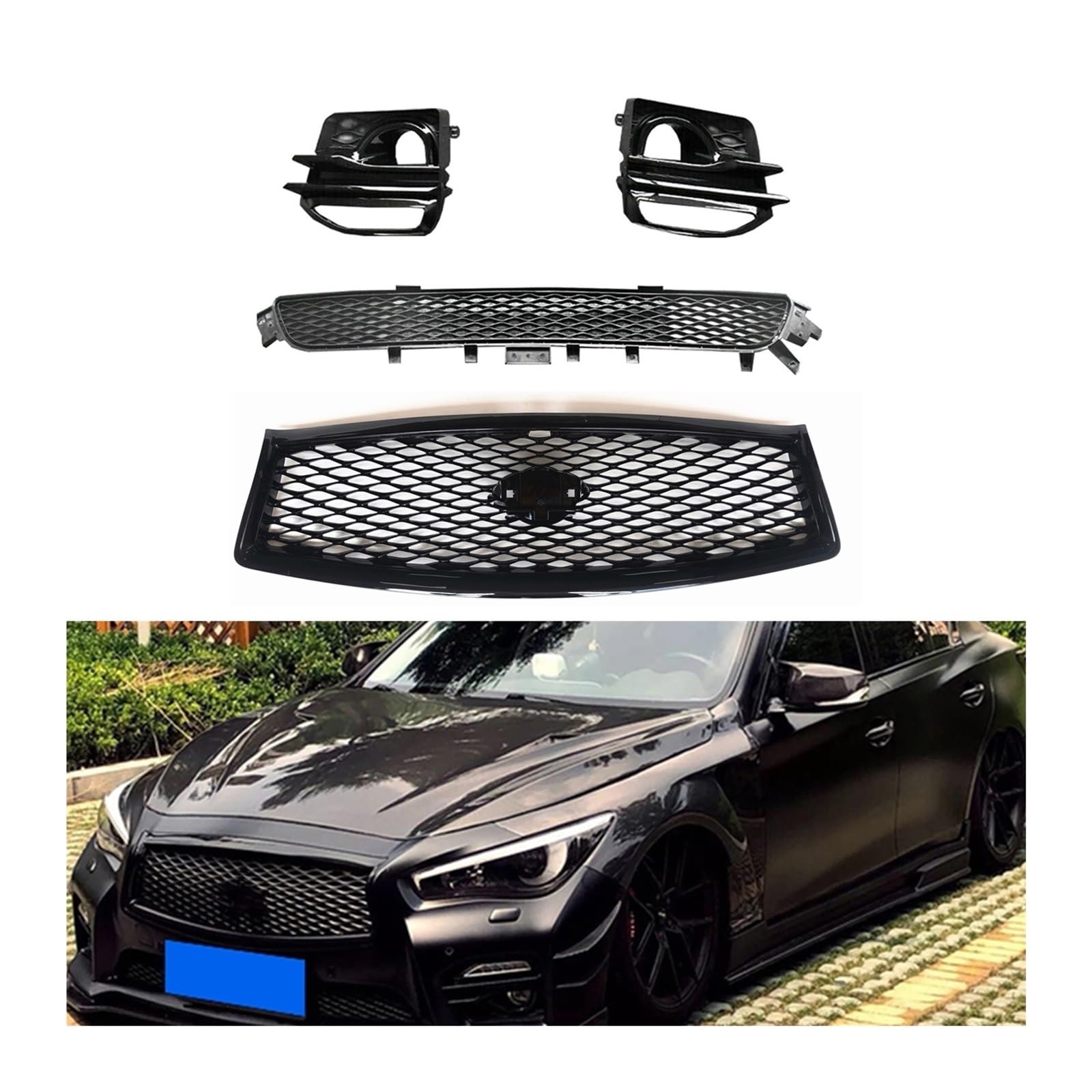 Kompatibel for Infiniti Q50 2014–2017 Sport Front-Oberstoßstangen-Motorhaubengitter + unterer Grill + Nebelscheinwerfer-Abdeckrahmen, seitliche Auto-Lüftungsgitterverkleidung von WONOWDQF