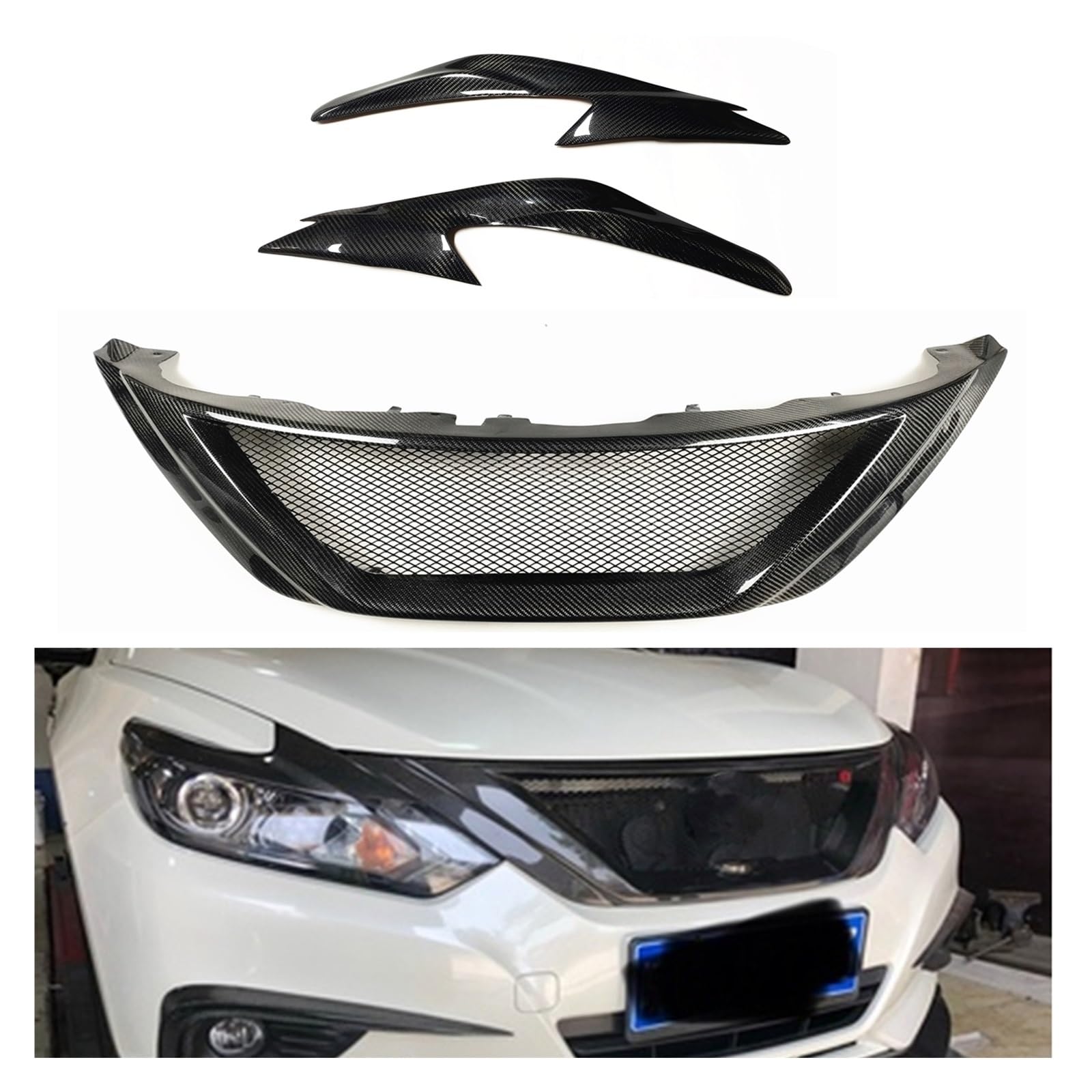 Kompatibel for Nissan Teana Altima 2016–2018, Carbon-Frontgrill + Scheinwerfer-Augenbraue, Scheinwerfer-Augenlid, Scheinwerfer-Lichtabdeckungsverkleidung von WONOWDQF