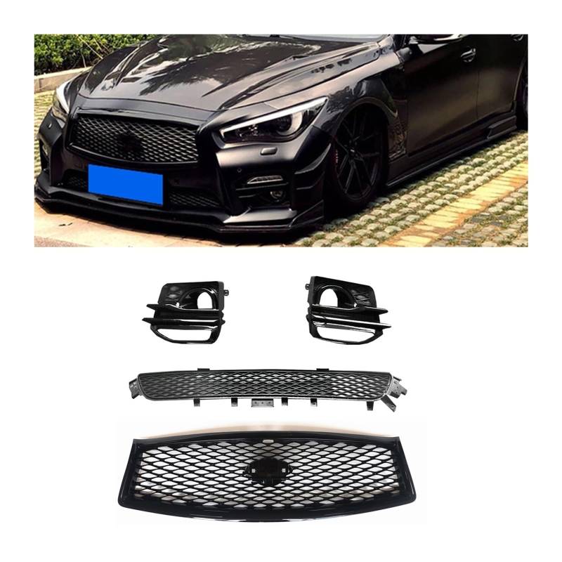 Kompatibel mit Infiniti Q50 2014–2017, Sport-Frontgrill Oben + unterer Grill + Nebelscheinwerfer-Abdeckungsrahmen, Haubengitter, seitliche Lüftungsschlitz-Ansaugrahmenverkleidung von WONOWDQF