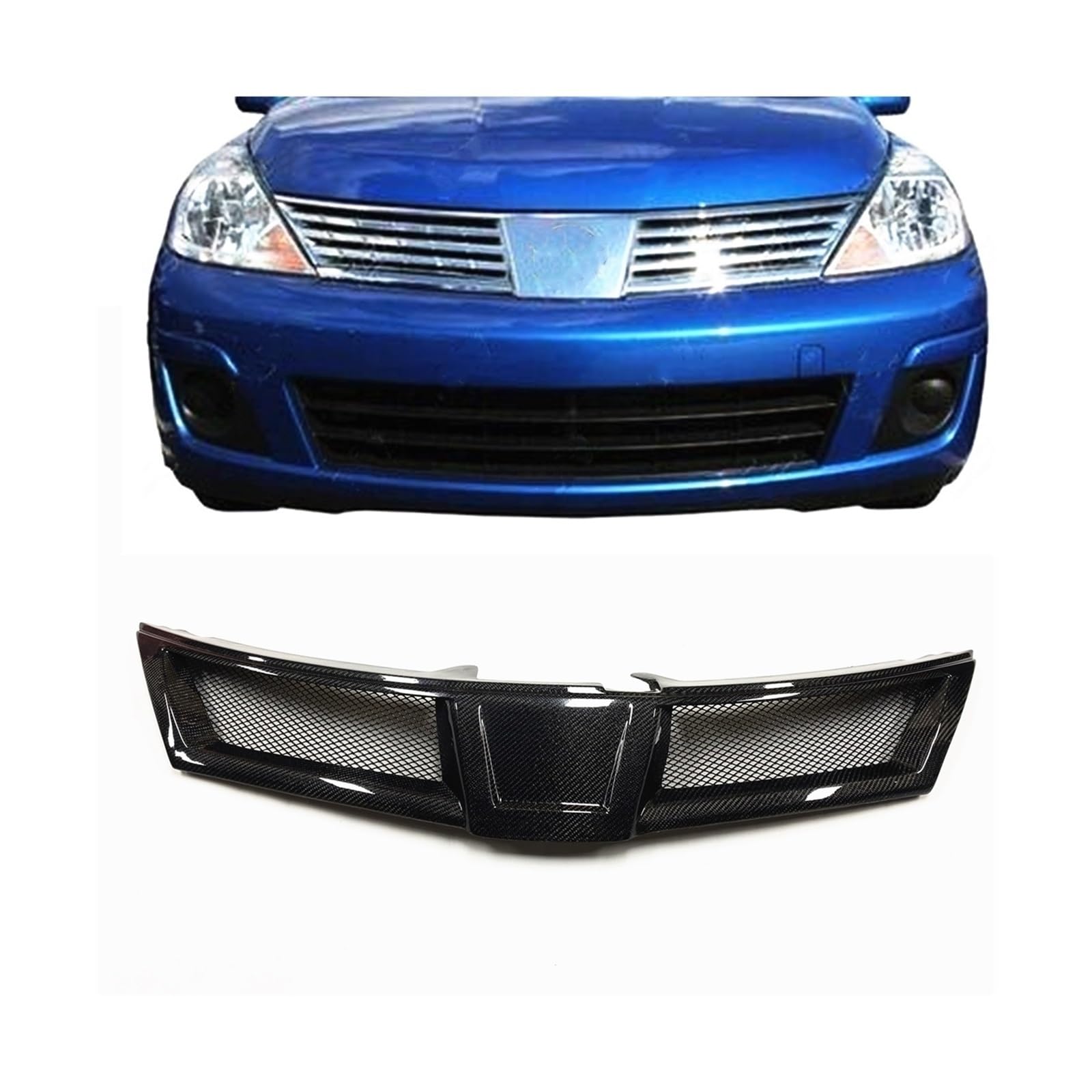 Kühlergrill kompatibel for Nissan Versa 2007–2012, Renngrill im Wabenstil, Kohlefaser, Auto-Oberstoßstangen-Ansaughaube, Maschengitter-Kit von WONOWDQF