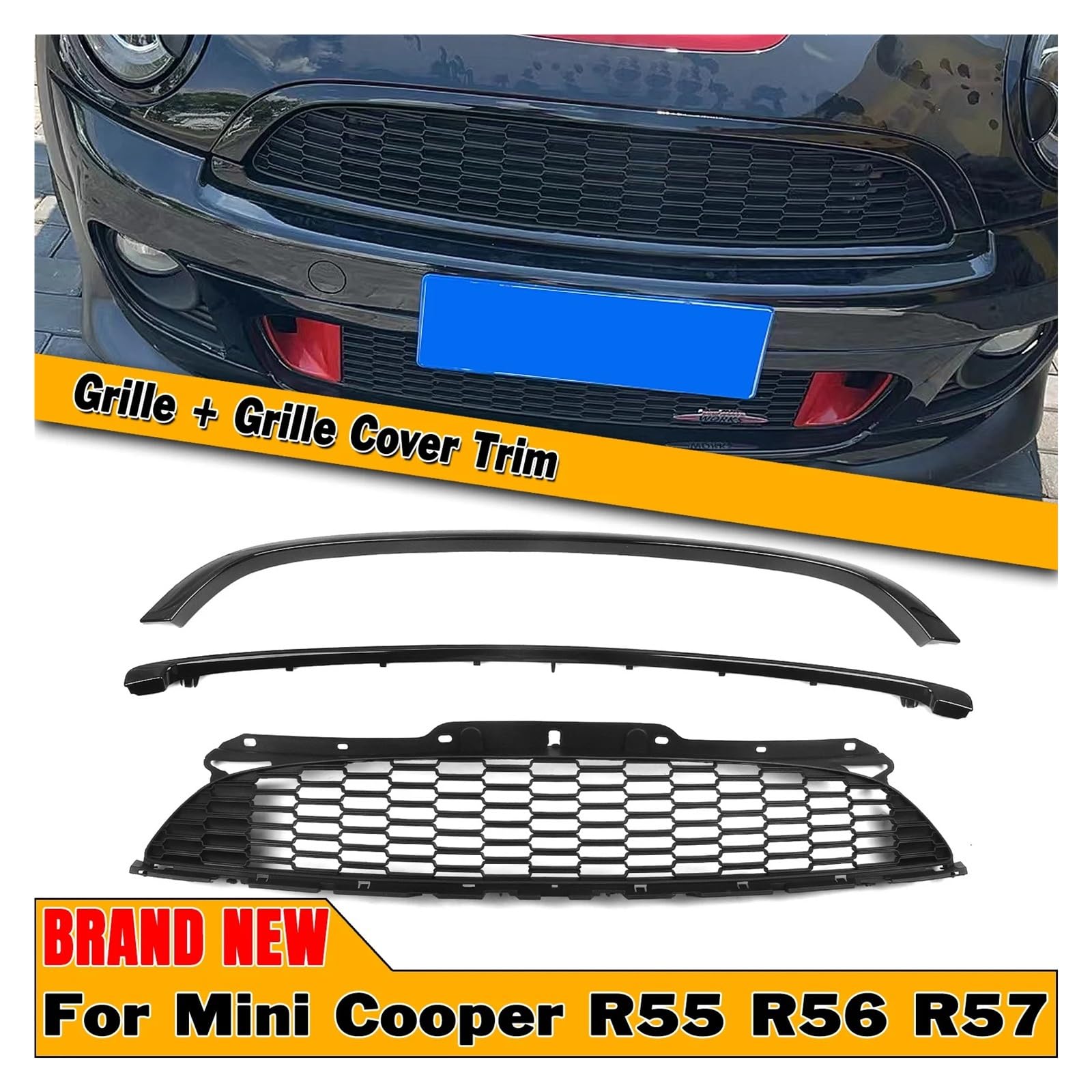 Schwarzer Frontstoßstangenrahmen-Zierteiler-Spoiler + oberer Kühlergrill, kompatibel mit Mini Cooper S R55 R56 R57 R58 R59 2007–2015 im JCW-Stil von WONOWDQF