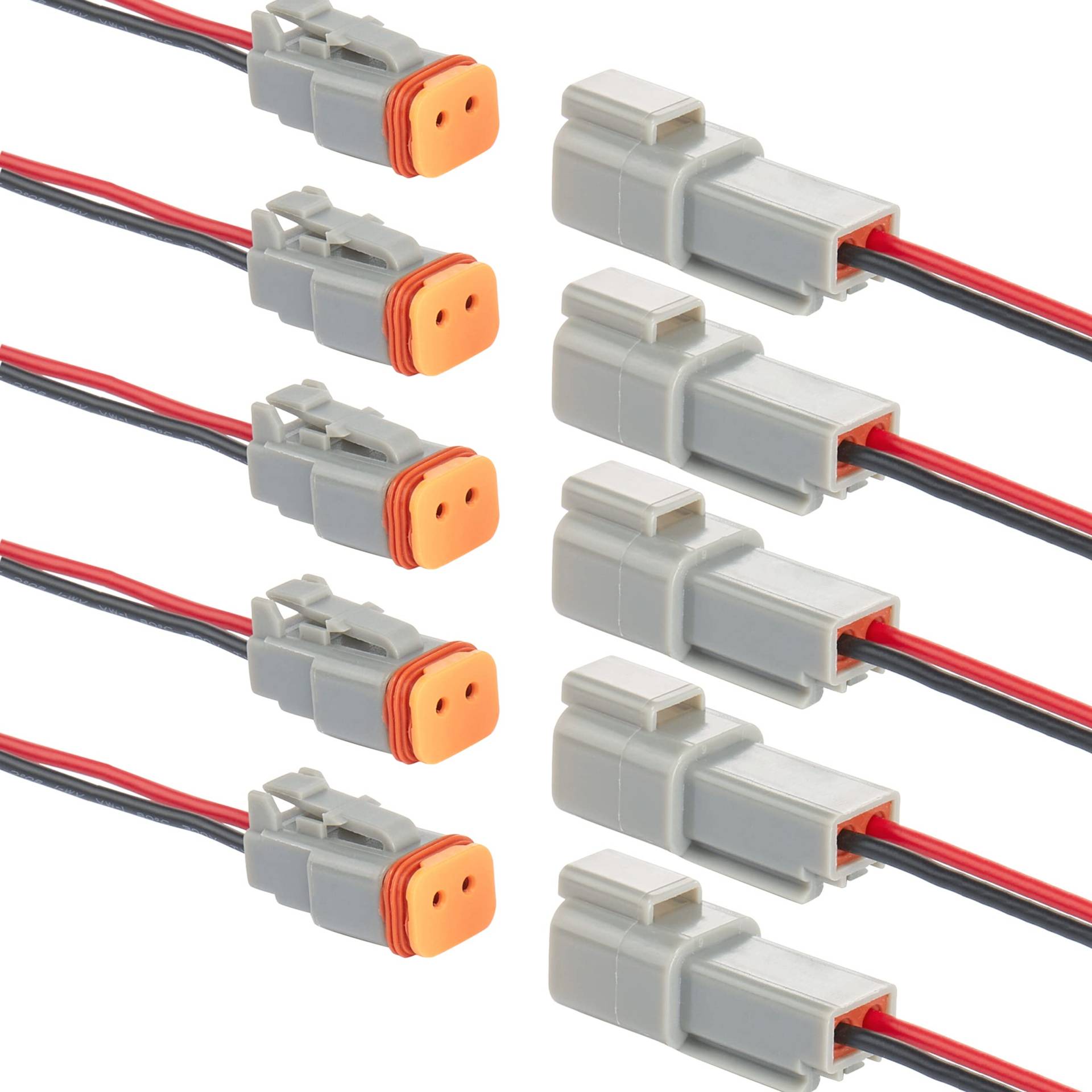 WOODGUILIN DT Stecker Connectors 2 Polig,DT Steckverbinder Wasserdichter,DT Stecker Steckverbinder,DT Auto Wasserdicht Elektrische Stecker Connectors,mit 20cm 16 AWG Kabel,Grau(5 Pairs, 2Pin DT) von WOODGUILIN