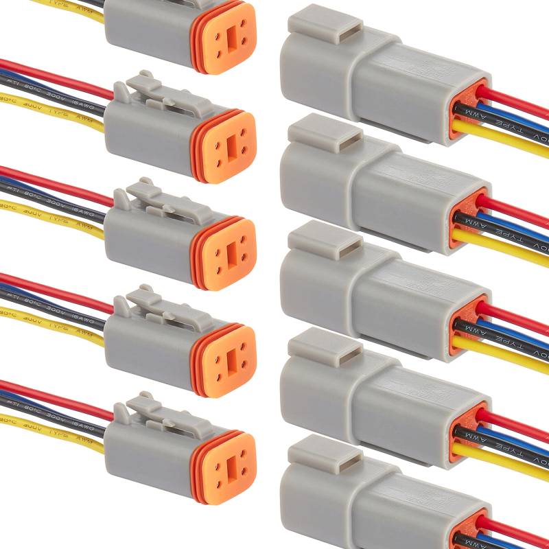 WOODGUILIN DT Stecker Connectors 4 Polig,DT Wasserdichter Steckverbinder,DT Stecker Steckverbinder,DT Auto Wasserdicht Elektrische Stecker Connectors,mit 20cm 16 AWG Kabel,Grau(5 Pairs, 4Pin DT) von WOODGUILIN