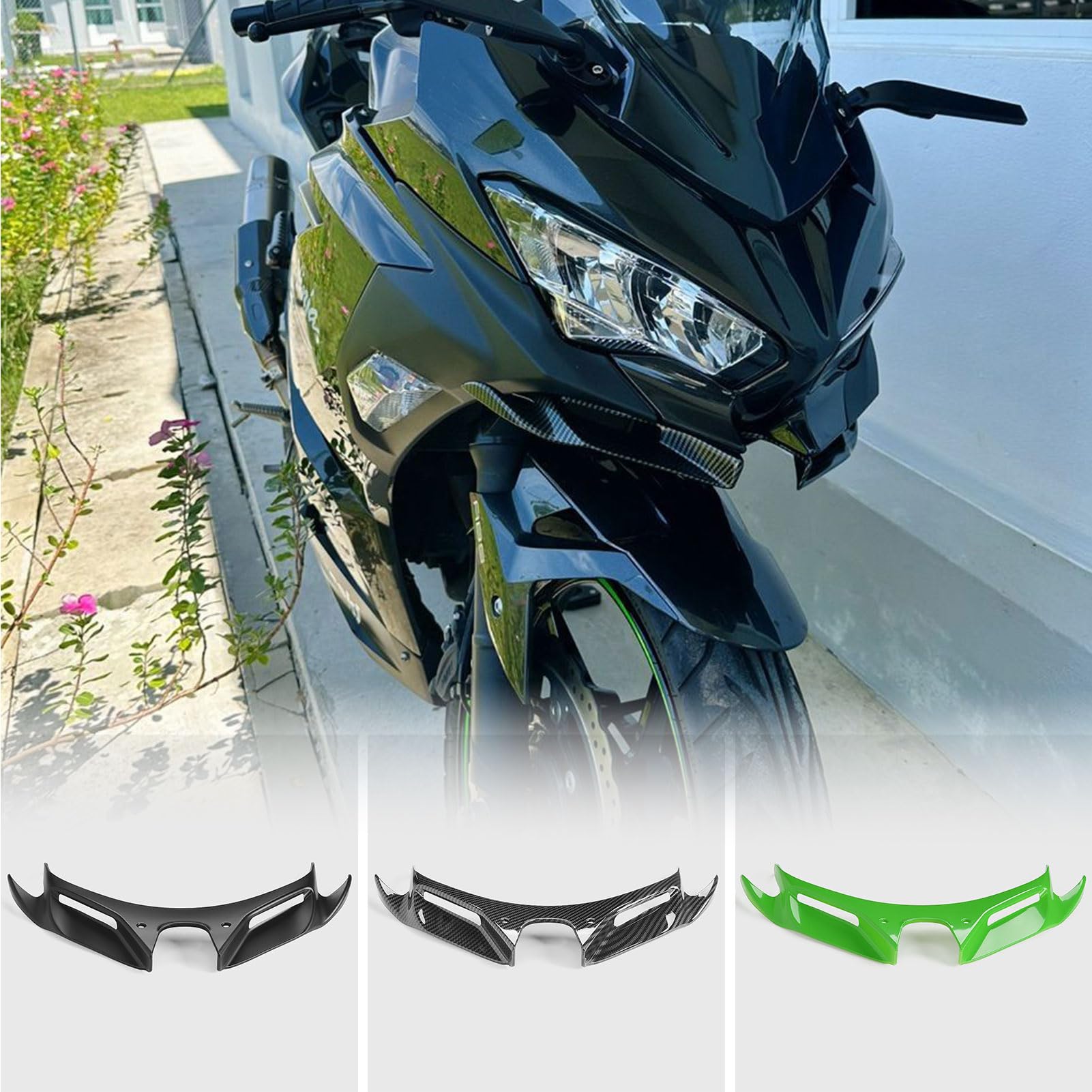 WOOGA Motorrad Zubehör Schnabel Nase Kegel Erweiterung Kotflügel Vorne Verkleidung Winglets Aerodynamische Mundschalenerweiterung for Ka&wa&sa&ki Ninja 400 Ninja400 2019-2024 (Kohlefaser-Look) von WOOGA