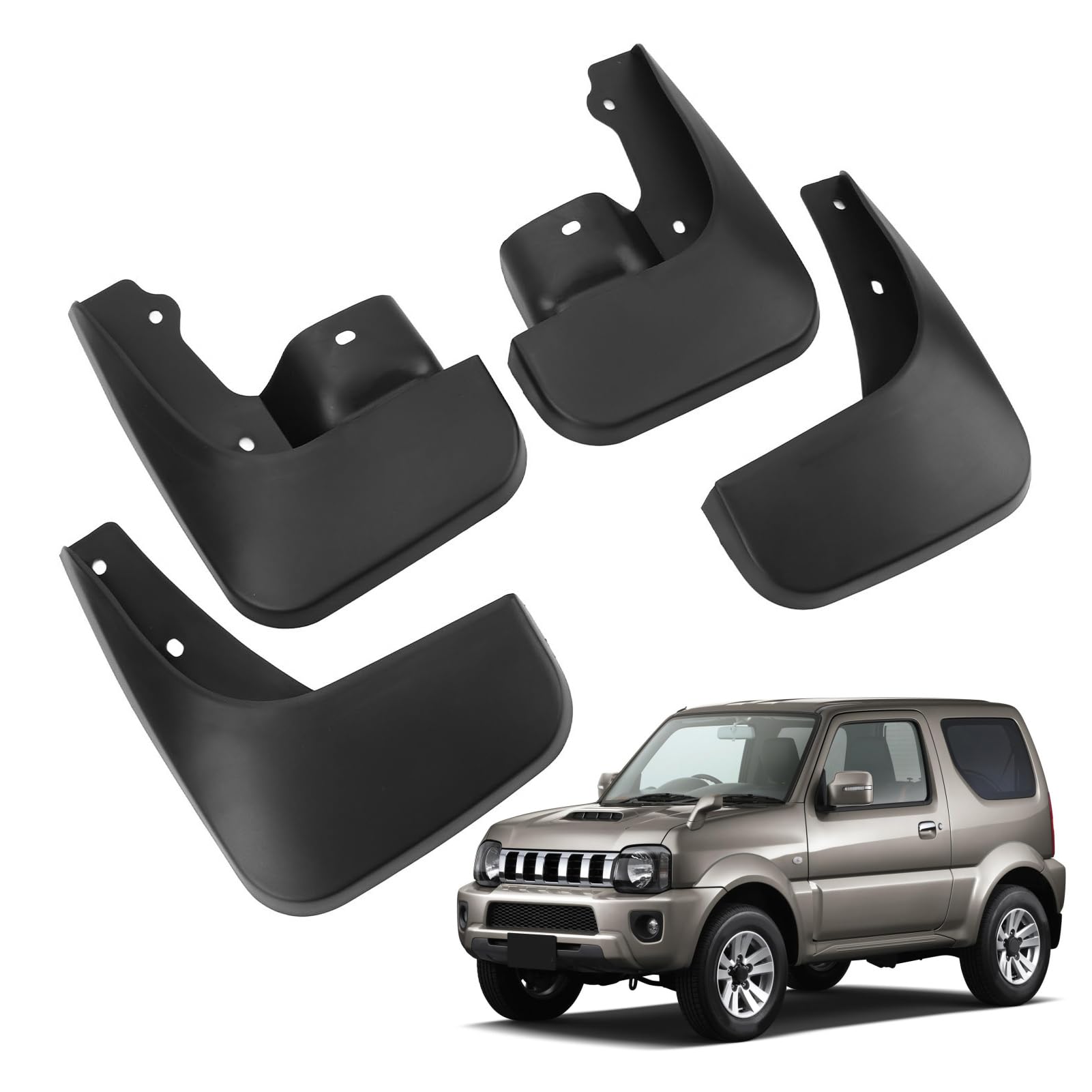 WOOXGEHM 4 Stück Schmutzfänger für Jimny 1998 Bis 2018, Hochfest, Schlagfest, Eleganter Schwarzer Auto Schmutzfänger, Stoßfestes Schmutzfänger Set für Vorder und Hinterrad von WOOXGEHM