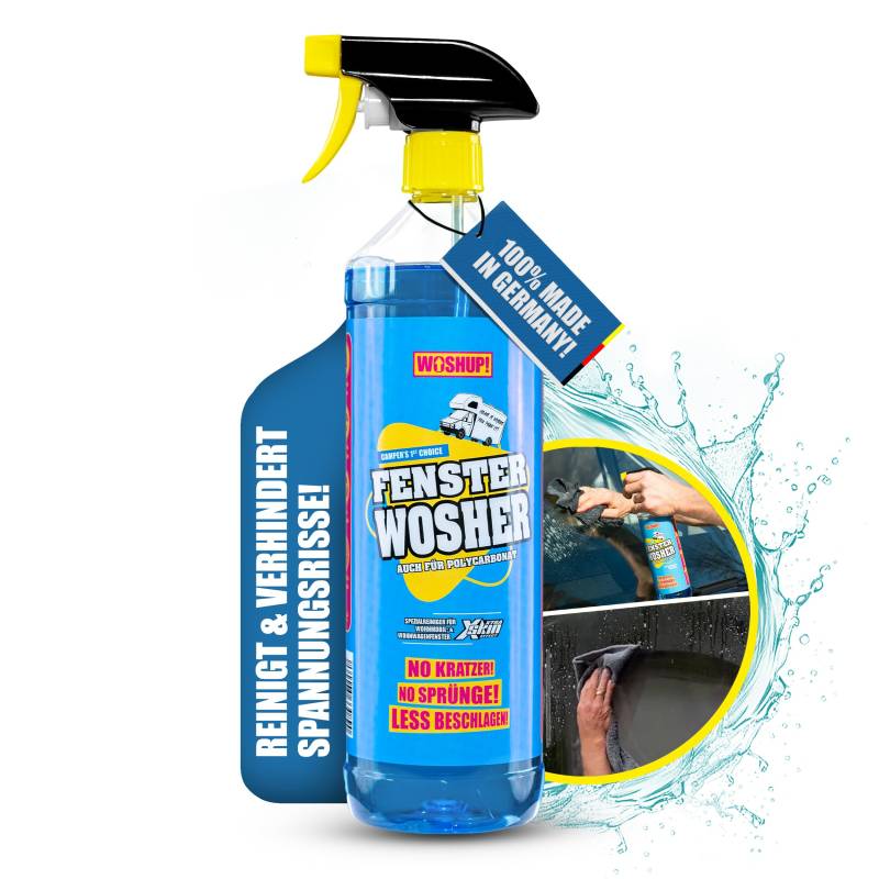 WOSHUP! Fenster Wosher – Xtra Skin Effekt - 1000 ml - Glasreiniger für Plexiglas Acrylglas - Scheibenreiniger für Wohnwagen, Wohnmobil, Auto, Caravan - streifenfreie Reinigung innen und außen von WOSHUP!