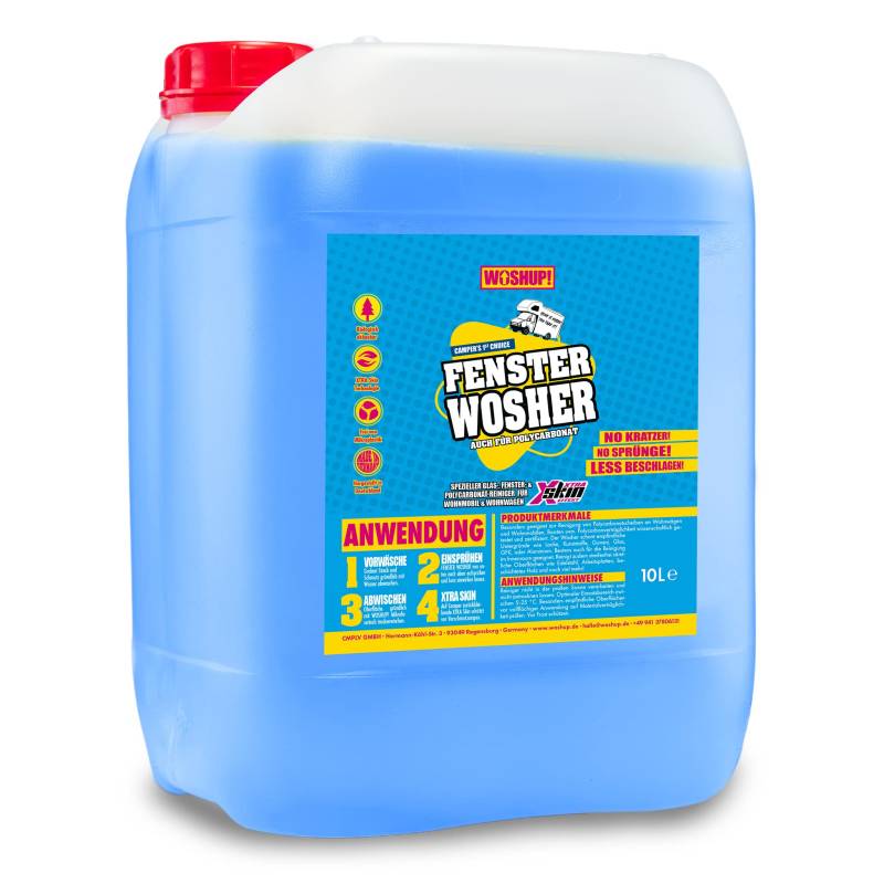 WOSHUP! Fensterreiniger Xtra Skin Schutzfilm 10000 ml Glasreiniger für Plexiglas Acrylglas Scheibenreiniger für Wohnwagen, Wohnmobil, Auto, Caravan Streifenfreie Reinigung innen und außen von WOSHUP!