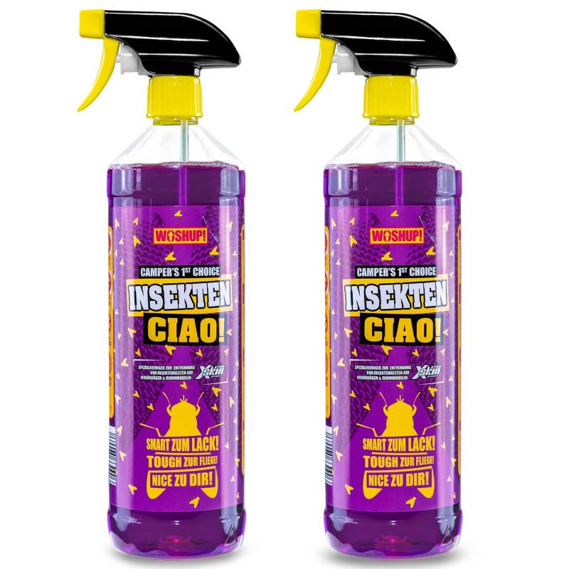 WOSHUP! Insekten Ciao -Xtra Skin Effekt - 1000 ml – Insekten-Entferner, Fliegenreiniger für Wohnwagen, Wohnmobil, Caravan, Auto, Motorrad – für Lack, Windschutzscheibe, GFK, Kunststoff (2X 1 Liter) von WOSHUP!