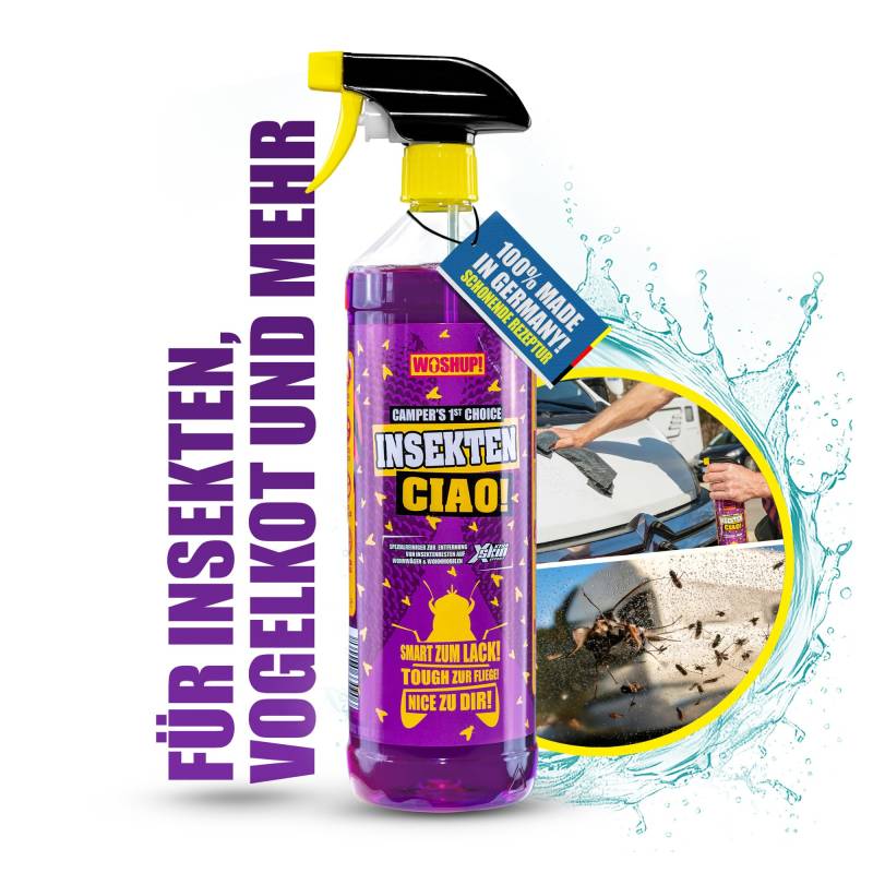 WOSHUP! Insekten Ciao -Xtra Skin Effekt - 1000 ml – Insekten-Entferner, Fliegenreiniger für Wohnwagen, Wohnmobil, Caravan, Auto, Motorrad – für Lack, Windschutzscheibe, GFK, und Kunststoff (1 Liter) von WOSHUP!