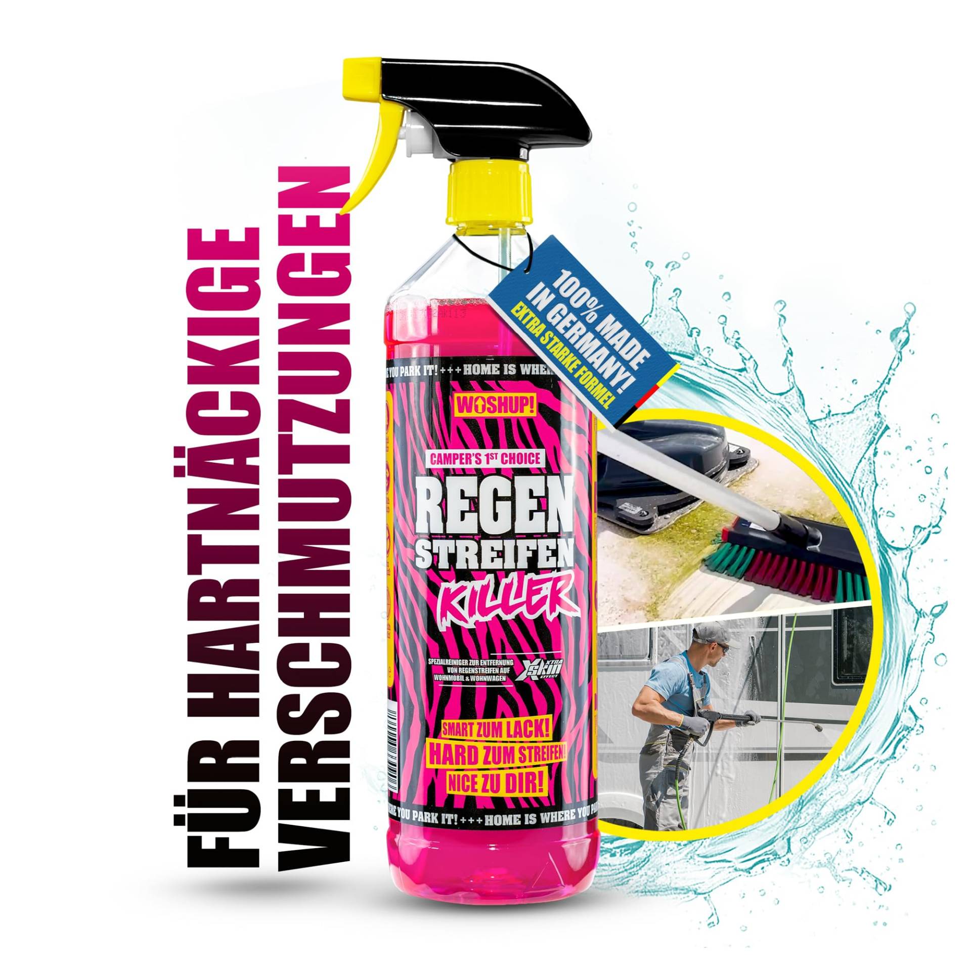 WOSHUP! Regenstreifenkiller -Xtra Skin Effekt - 1000 ml - Regenstreifenentferner für Wohnwagen, Wohnmobil, Boot, Caravan - für Lack, GFK und Kunststoff (1 Liter) von WOSHUP!