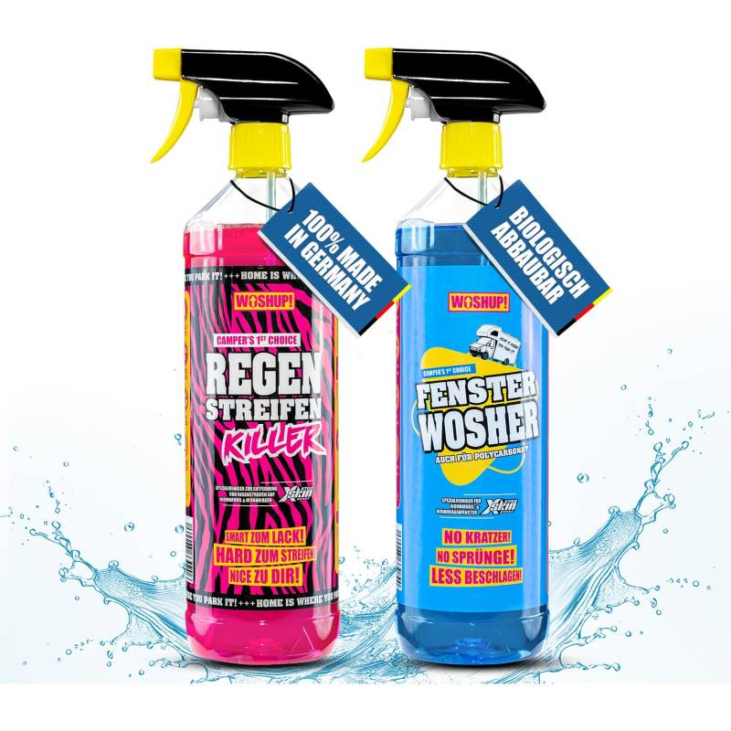 WOSHUP! Regenstreifenkiller -Xtra Skin Effekt - 1000 ml - Regenstreifenentferner für Wohnwagen, Wohnmobil, Boot, Caravan - für Lack, GFK und Kunststoff (1 Liter + Fensterwosher) von WOSHUP!